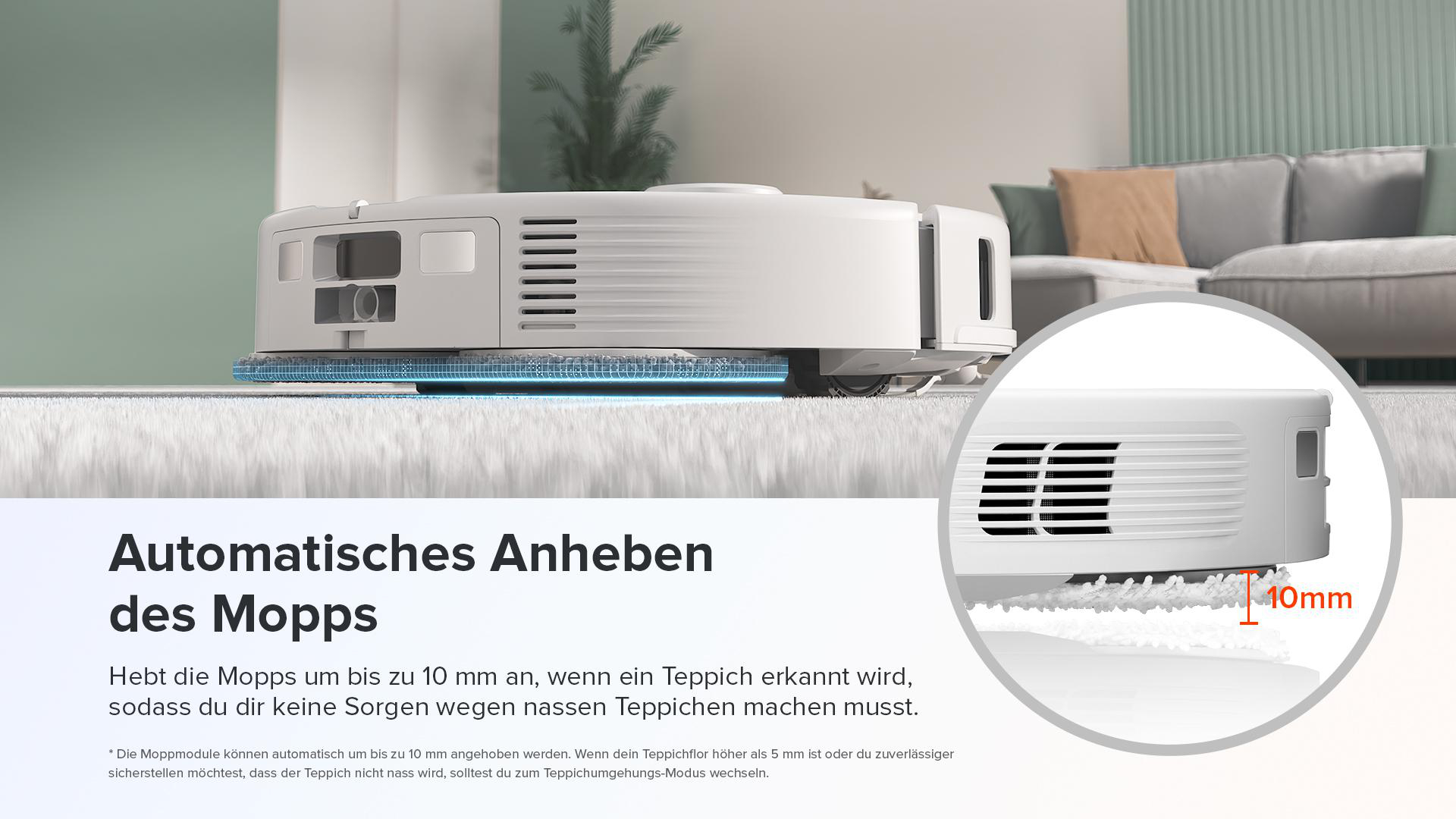 Weißer Roboterstaubsauger auf einem Teppich. Text: 'Automatisches Anheben des Mopps', mit Diagramm.
