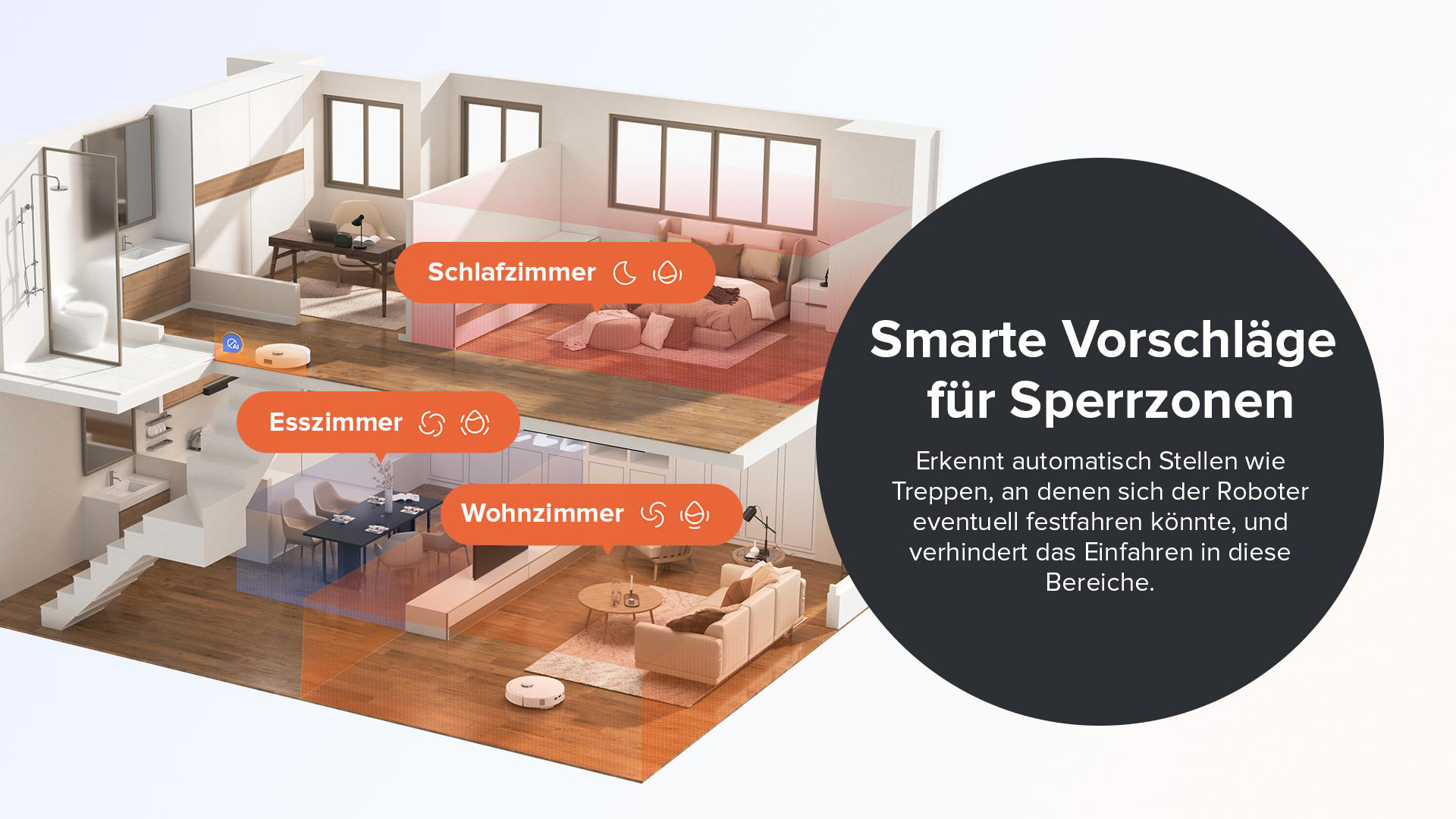 Schnittzeichnung eines Hauses mit hervorgehobenen Räumen und Roboterstaubsauger.
