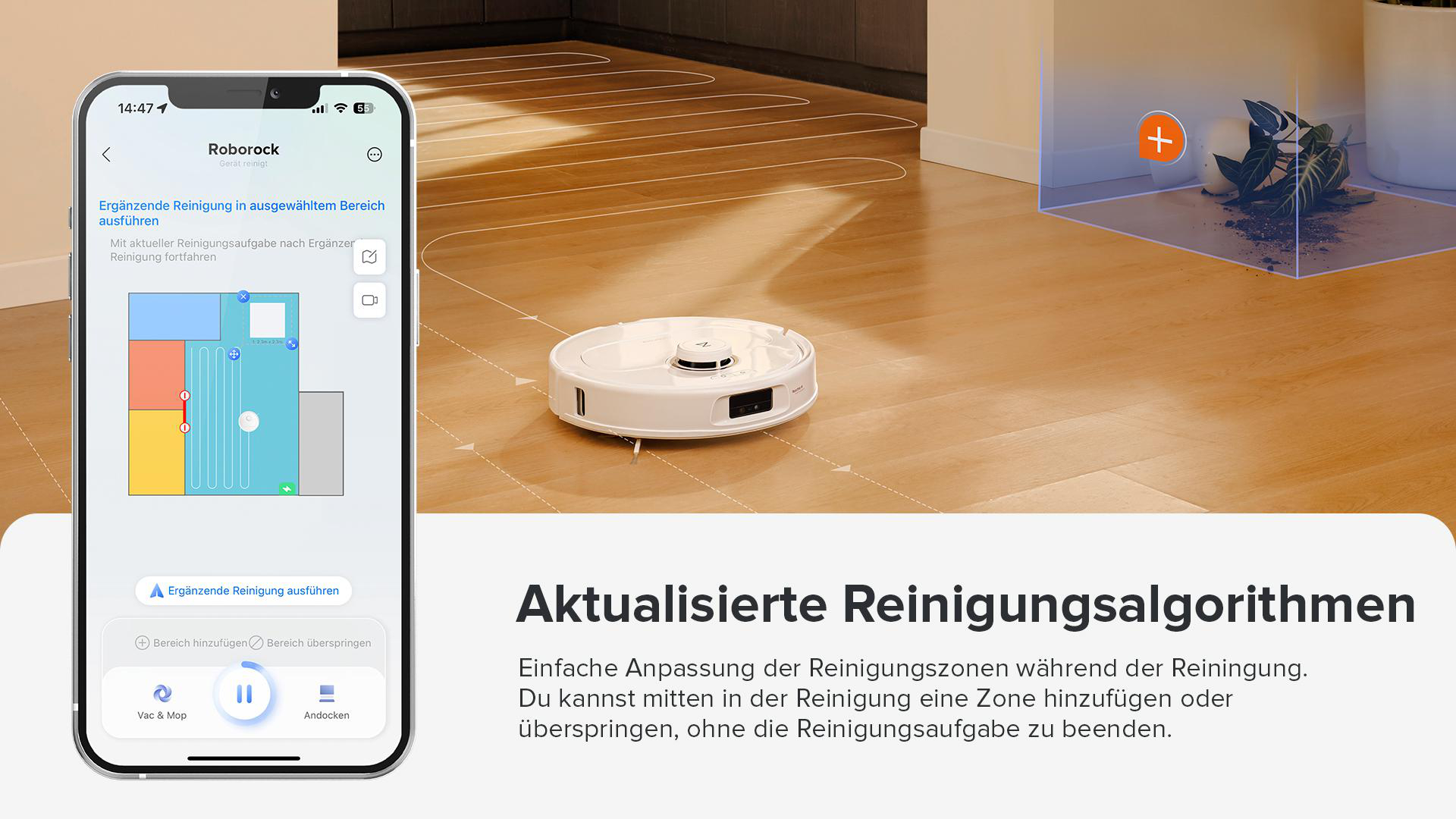 Smartphone mit Reinigungs-App, Roboter-Staubsauger und Grundriss.