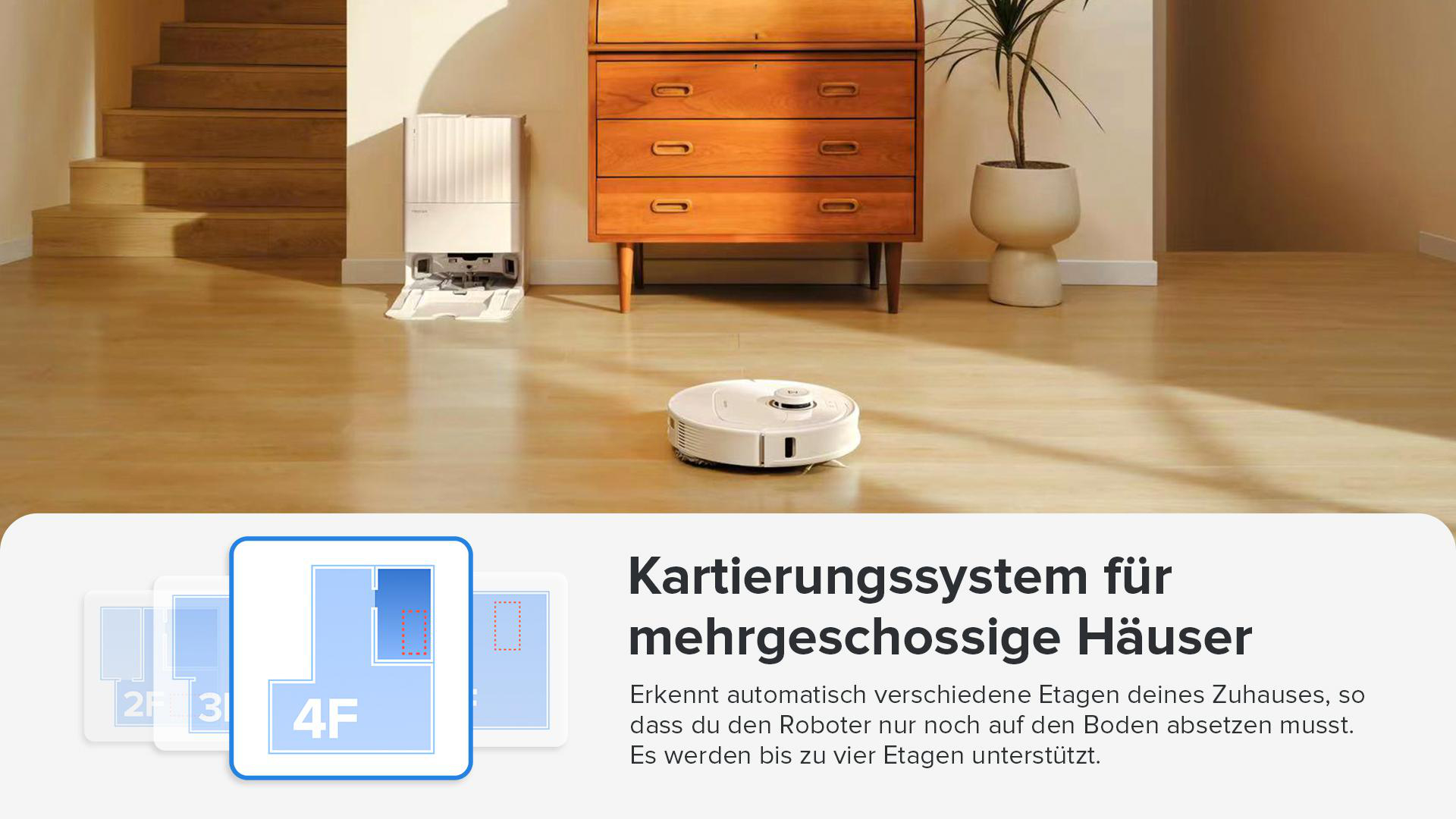 Roboter-Staubsauger auf Holzboden. Braune Möbel im Hintergrund. Text über Mehr-Etagen-Kartierung.