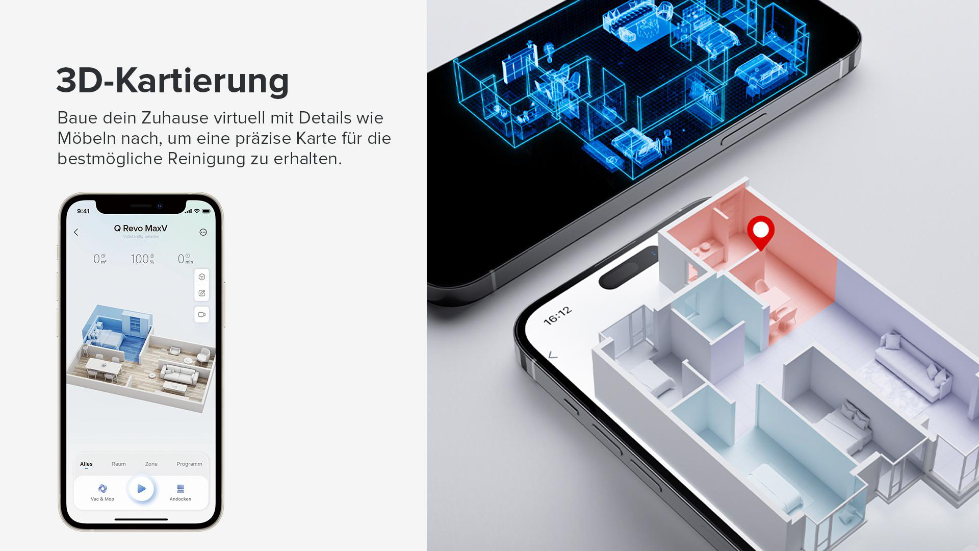 Zwei Telefone mit 3D-Heimkartierung, die einen virtuellen Grundriss und eine Live-Ansicht zeigen.