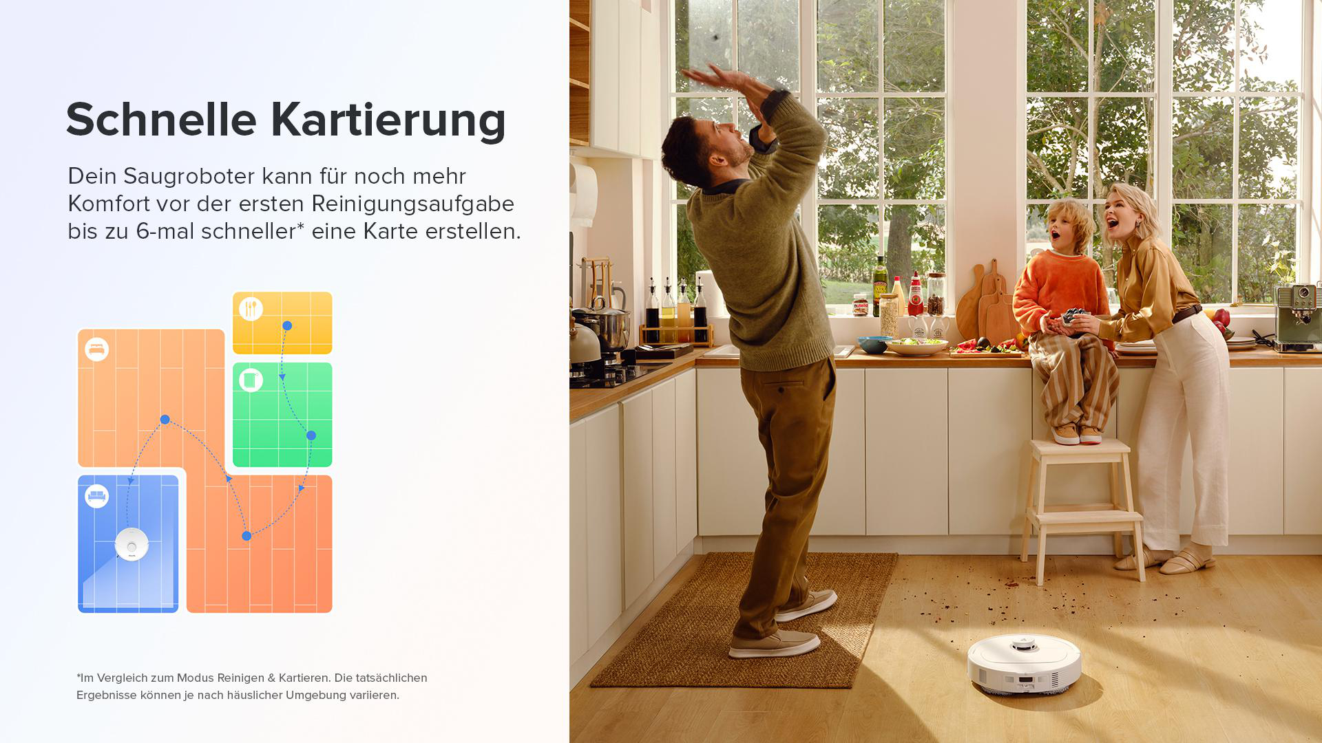 Eine Familie in einer Küche mit einem Roboter-Staubsauger auf dem Boden, mit Diagrammen links.