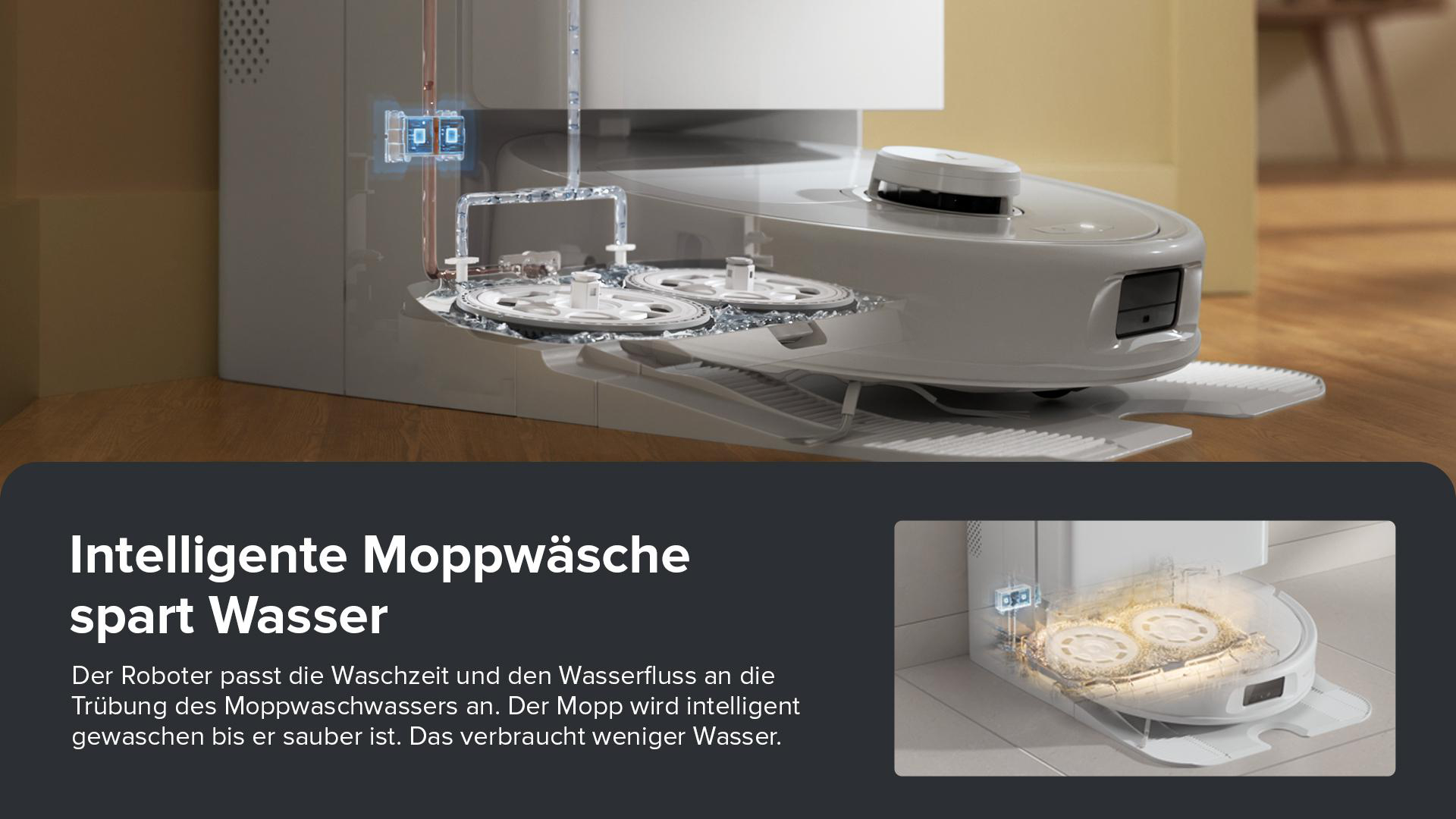 Explosionsansicht eines Roboter-Staubsaugers, die interne Komponenten zeigt.