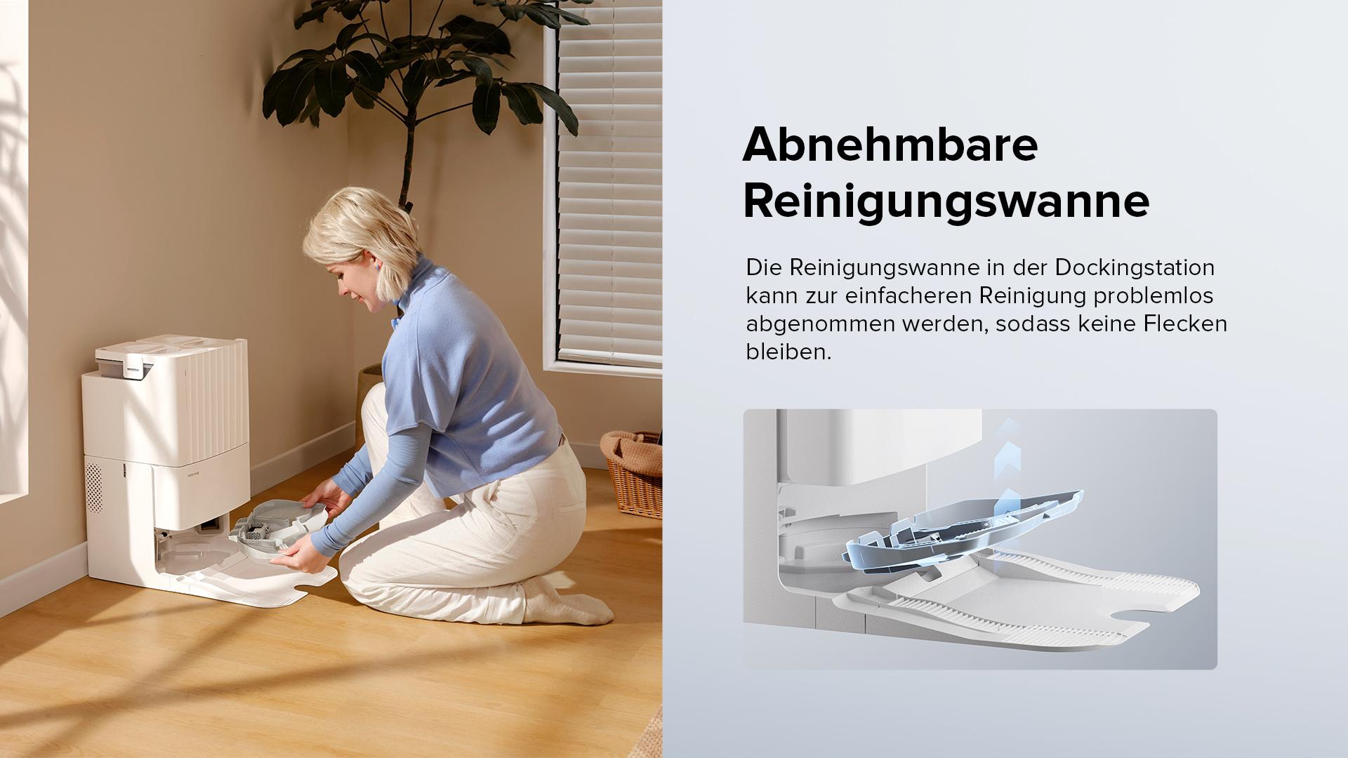 Eine Frau entfernt eine Wasserschale aus einer weißen Reinigungsmaschine.