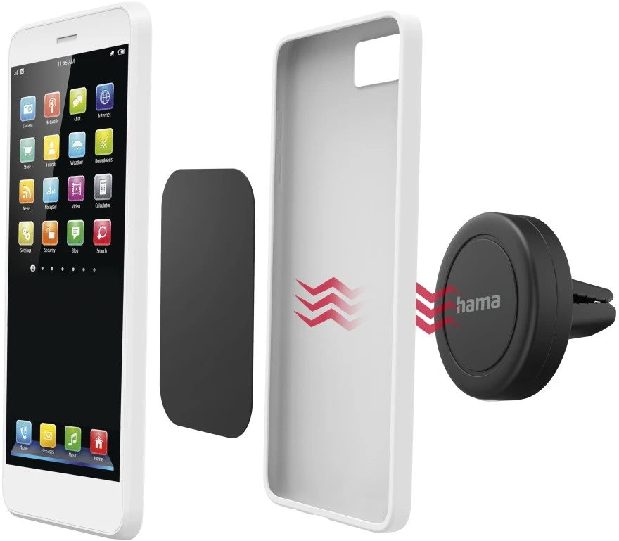 Téléphone, coque blanche, plaque magnétique et support de ventilation de voiture. Composants.