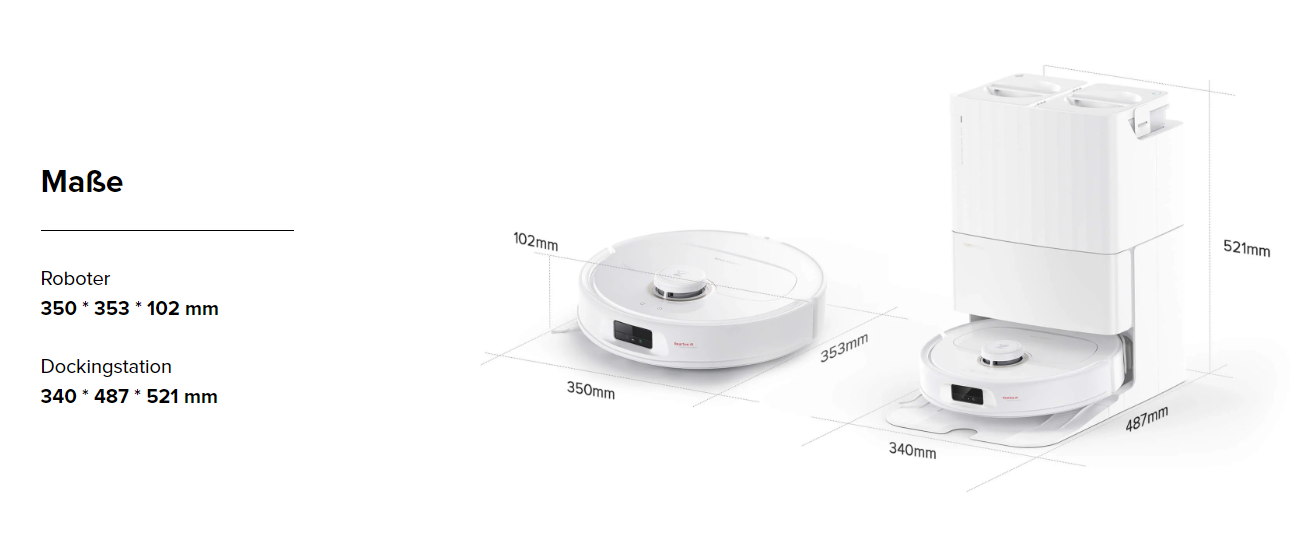 Diagramm eines Roboter-Staubsaugers und seiner Ladestation mit Abmessungen.