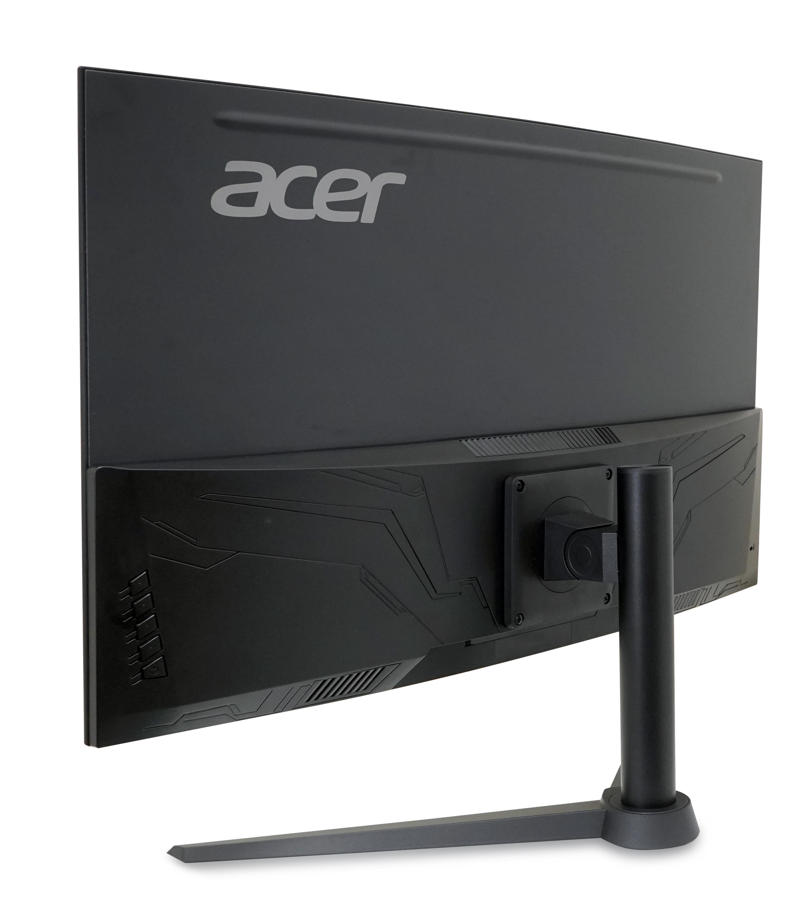 Rückansicht eines schwarzen Computermonitors mit dem Acer-Logo. Der Hintergrund ist weiß.
