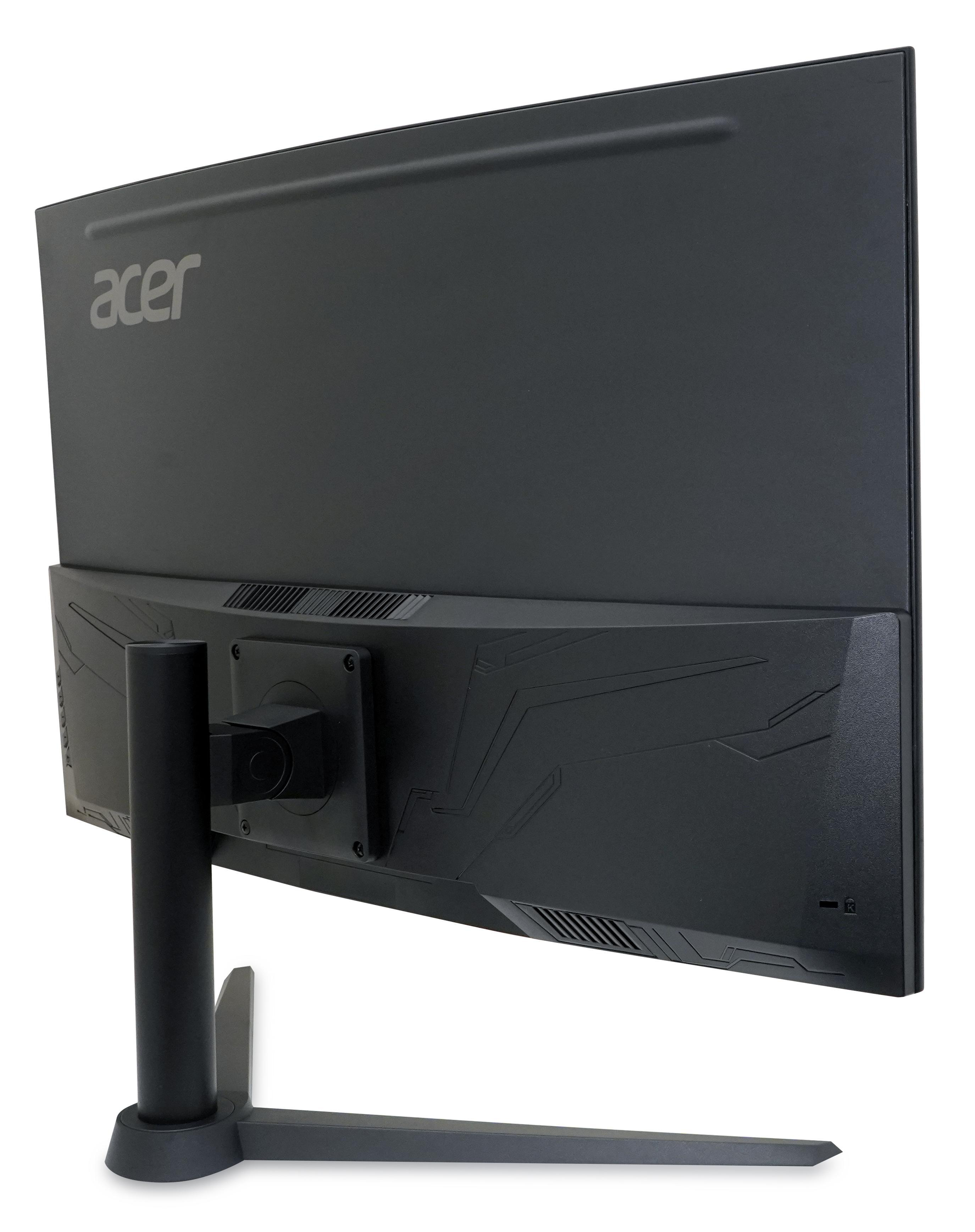 Die Rückseite eines schwarzen Monitors mit Acer-Logo und Ständer.