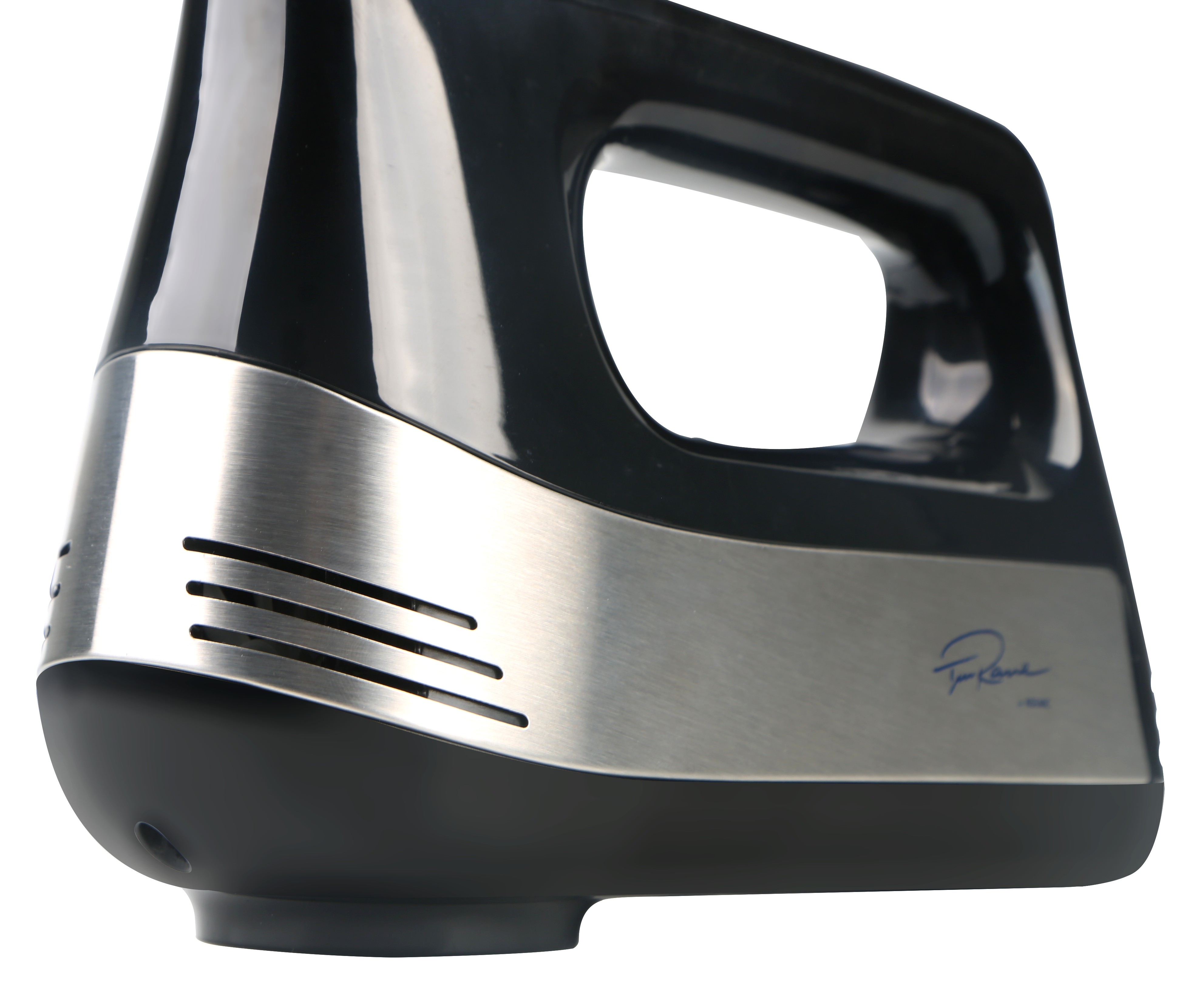 Ein schwarzer und silberner Handmixer auf weißem Hintergrund. Der Markenname ist sichtbar.