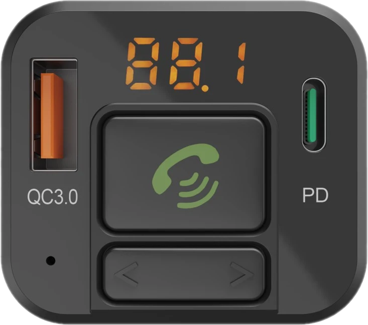 Schwarzes und graues Autoladegerät mit Digitalanzeige '88.1', QC3.0- und PD-Anschlüssen.