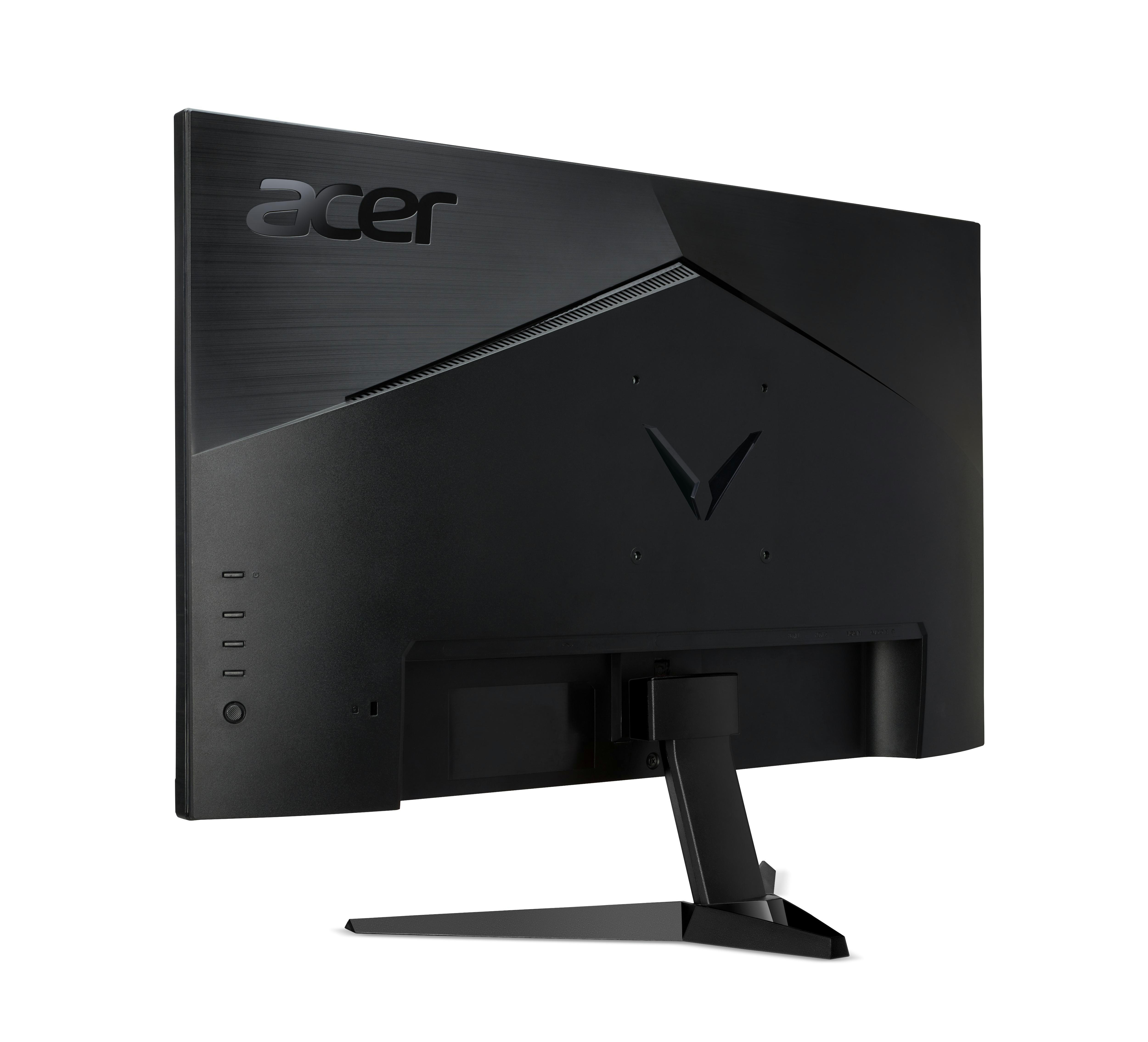 Rückansicht eines schwarzen Monitors. Das Acer-Logo befindet sich oben, das V-Logo in der Mitte.