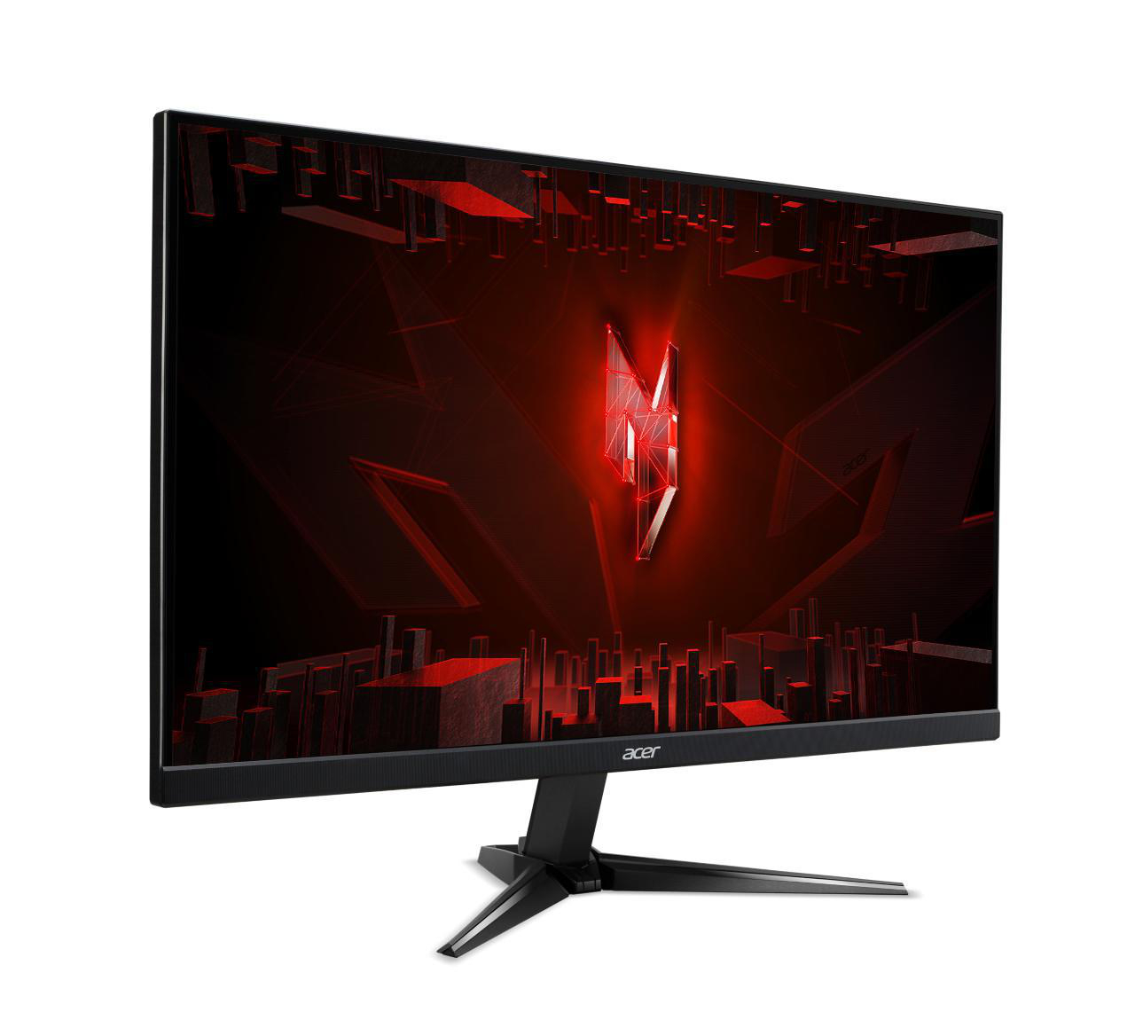 Schwarzer Computermonitor mit rotem Acer Predator-Logo auf einem schwarzen Ständer. Roter Hintergrund.