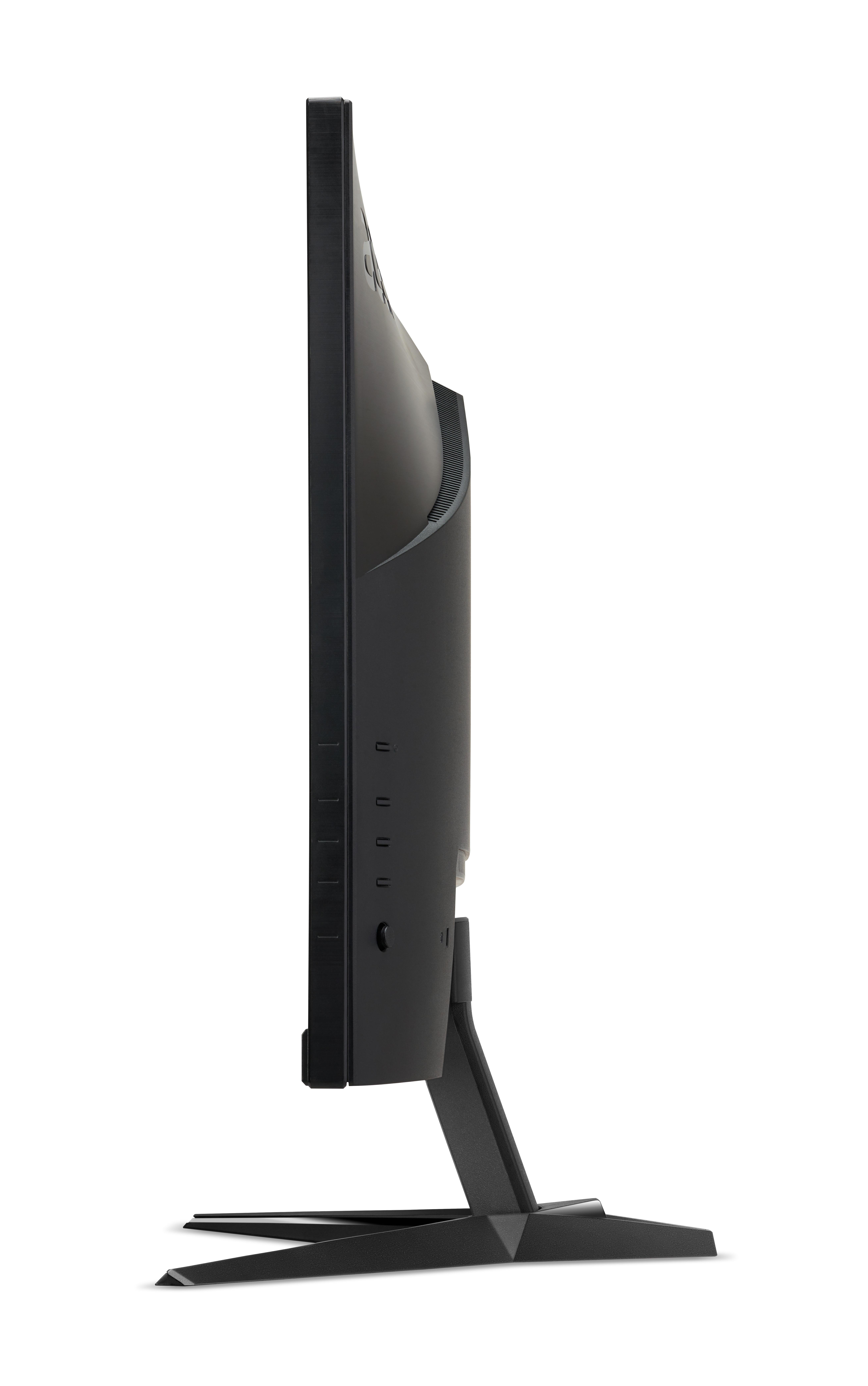 Seitenansicht eines schwarzen Computermonitors mit Standfuß. Das ASUS-Logo ist oben sichtbar.