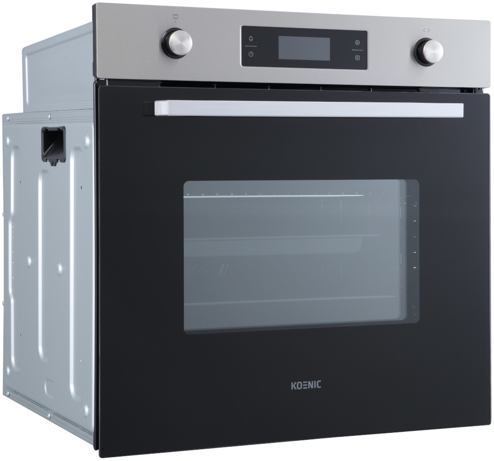 Black oven with a stainless steel top. The oven door is closed, with a KOENIC logo.