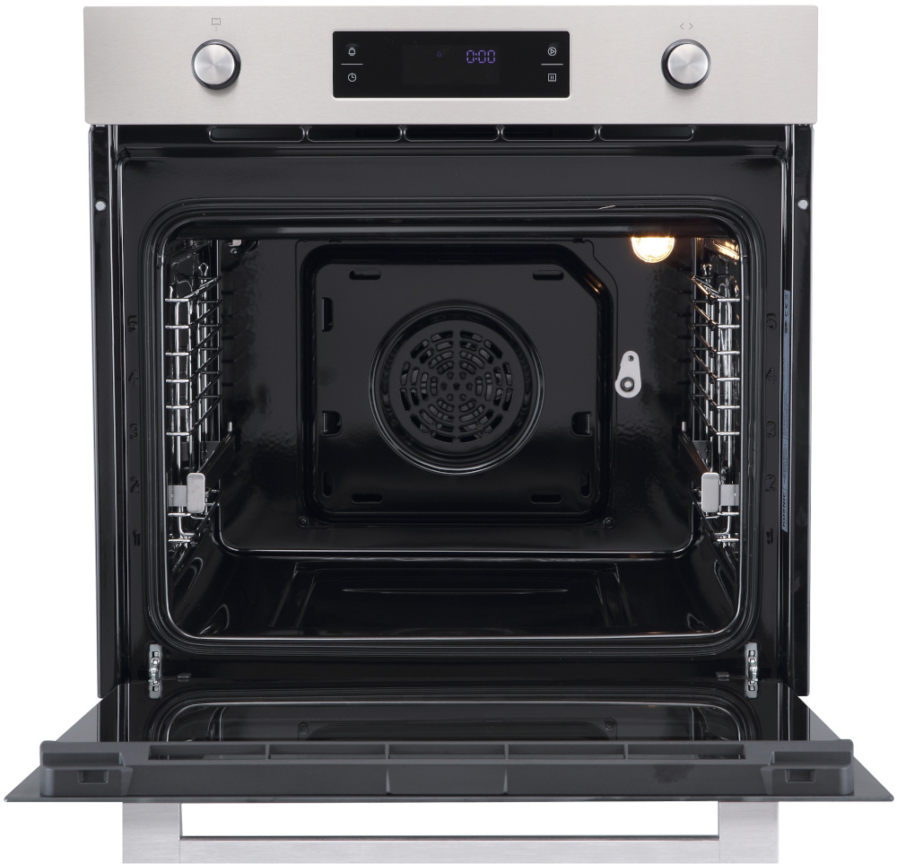 Open oven with open door, stainless steel front, inside view with light on.