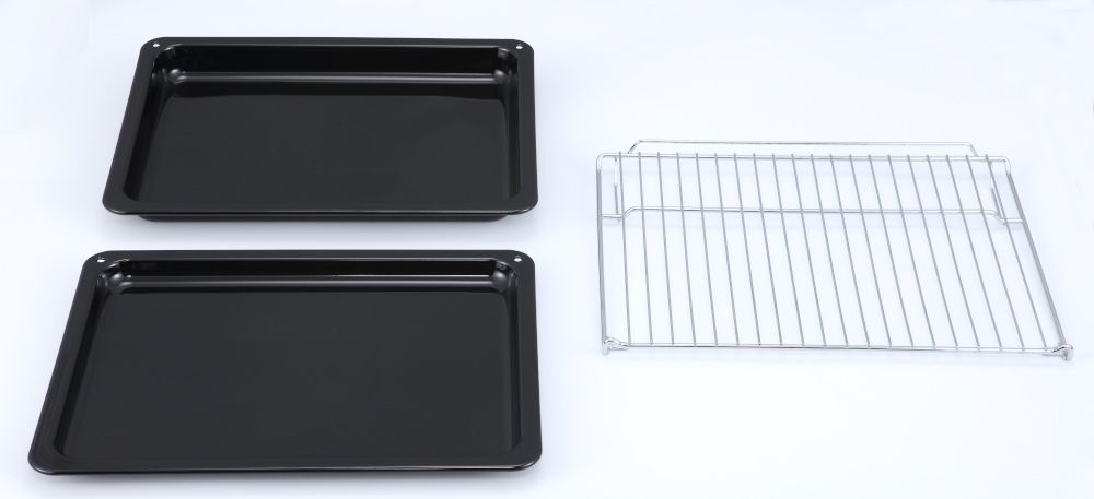 Two black oven trays and a metal oven rack are on a white surface.
