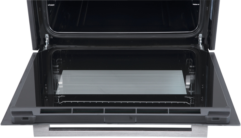 An open oven interior with a glass door and a metal rack inside.
