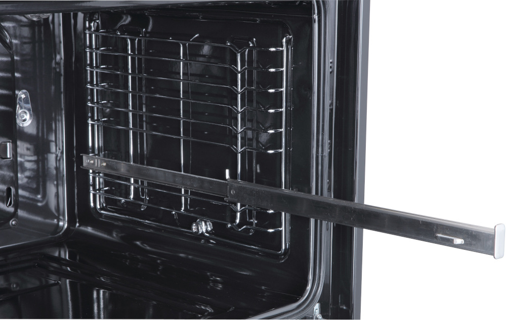 Inside an oven, a metal rack is visible. A metal rail extends towards the viewer.