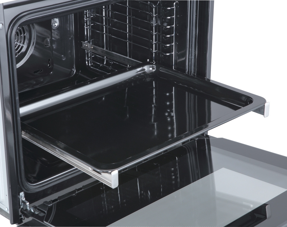 Oven interior, with the door open and a baking tray pulled out.