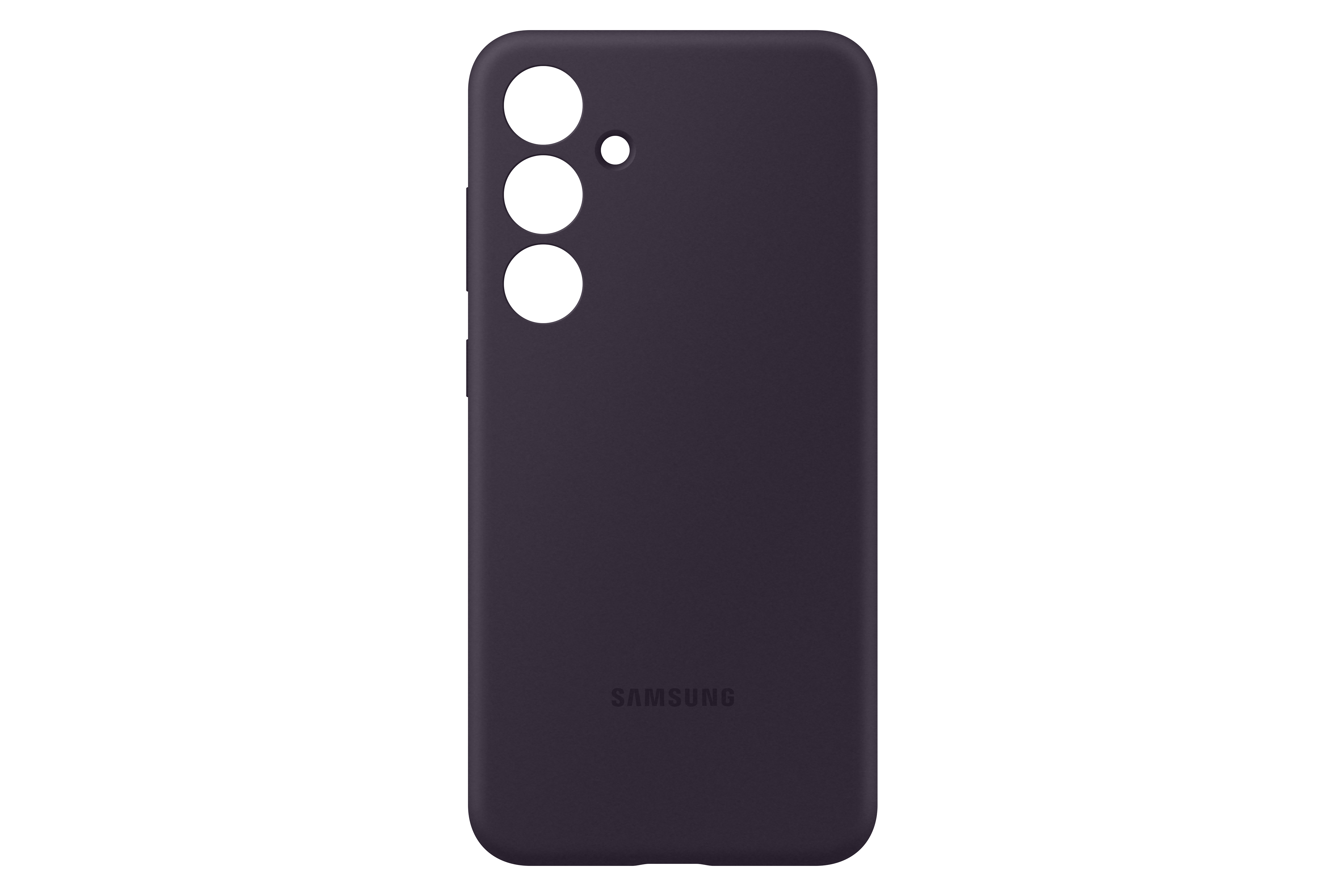 Dunkelviolette Handyhülle. Drei Kameralöcher. Samsung-Logo unten. Schwarzer Hintergrund.