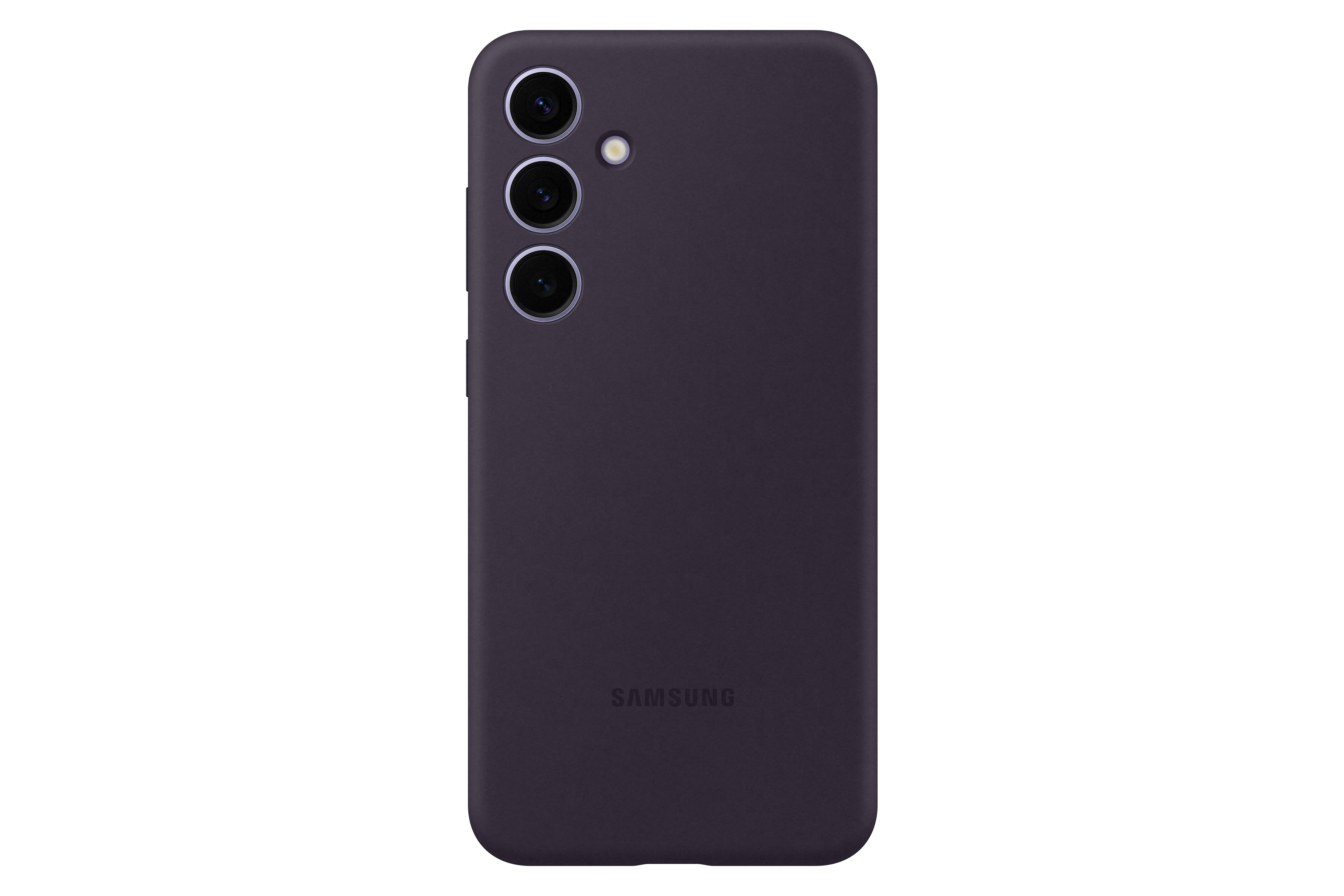 Lila Handyhülle, Rückansicht, mit Samsung-Logo. Schwarzer Hintergrund.