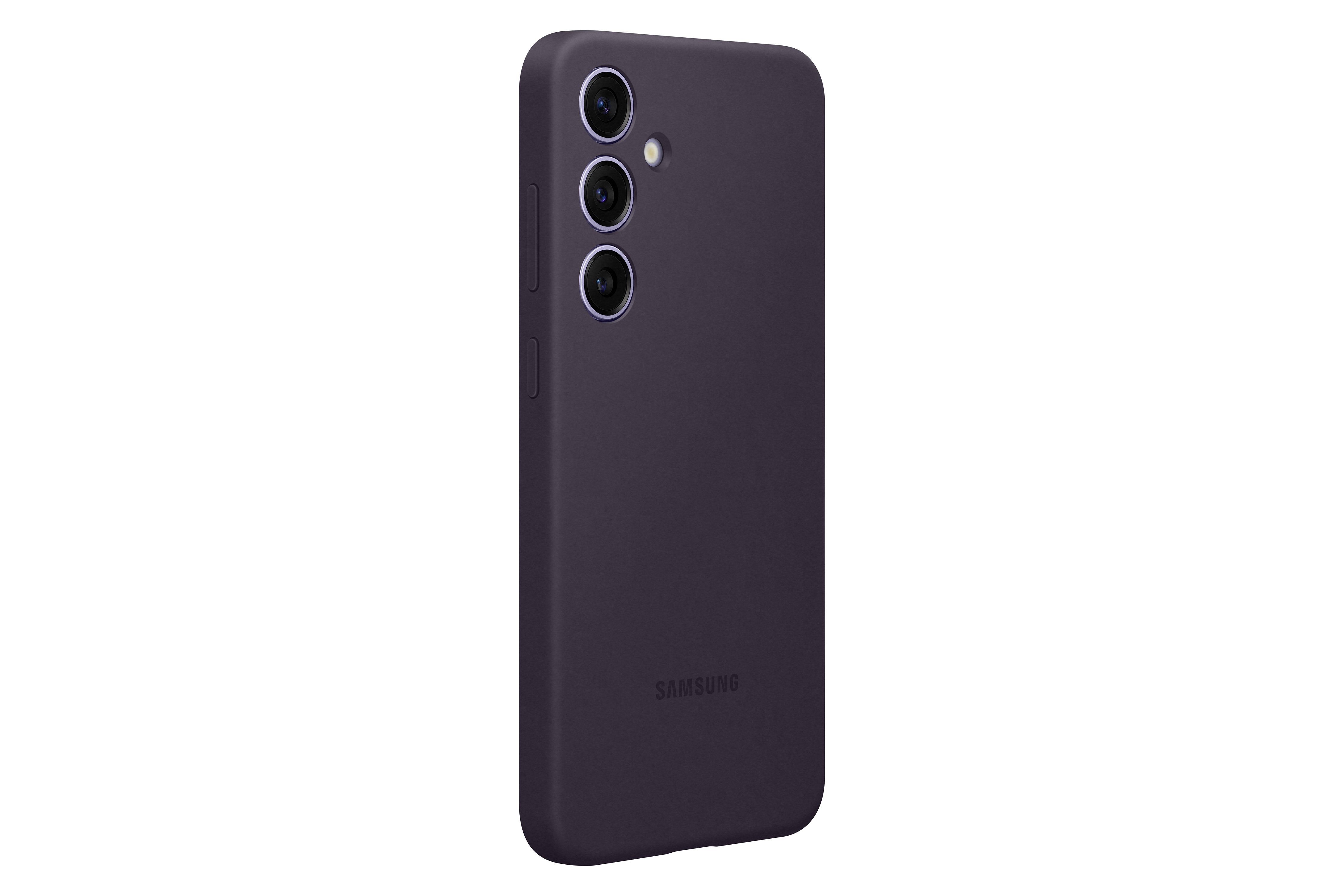 Violette Handyhülle mit Samsung-Logo, Dreifachkamera, auf schwarzem Hintergrund.
