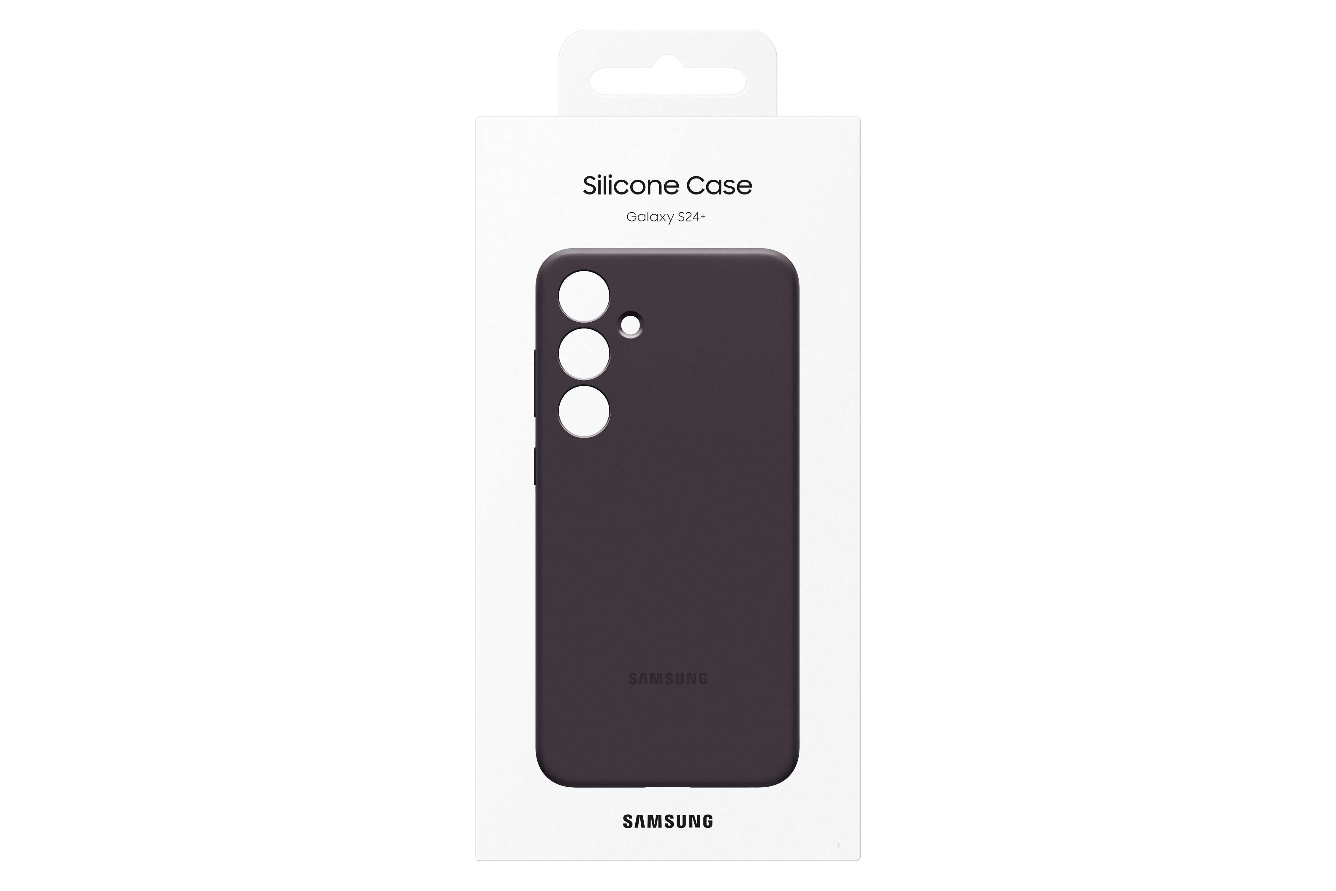 Dunkelgraue Handyhülle in Verpackung. Hülle hat drei Kameralöcher und ein Samsung-Logo.