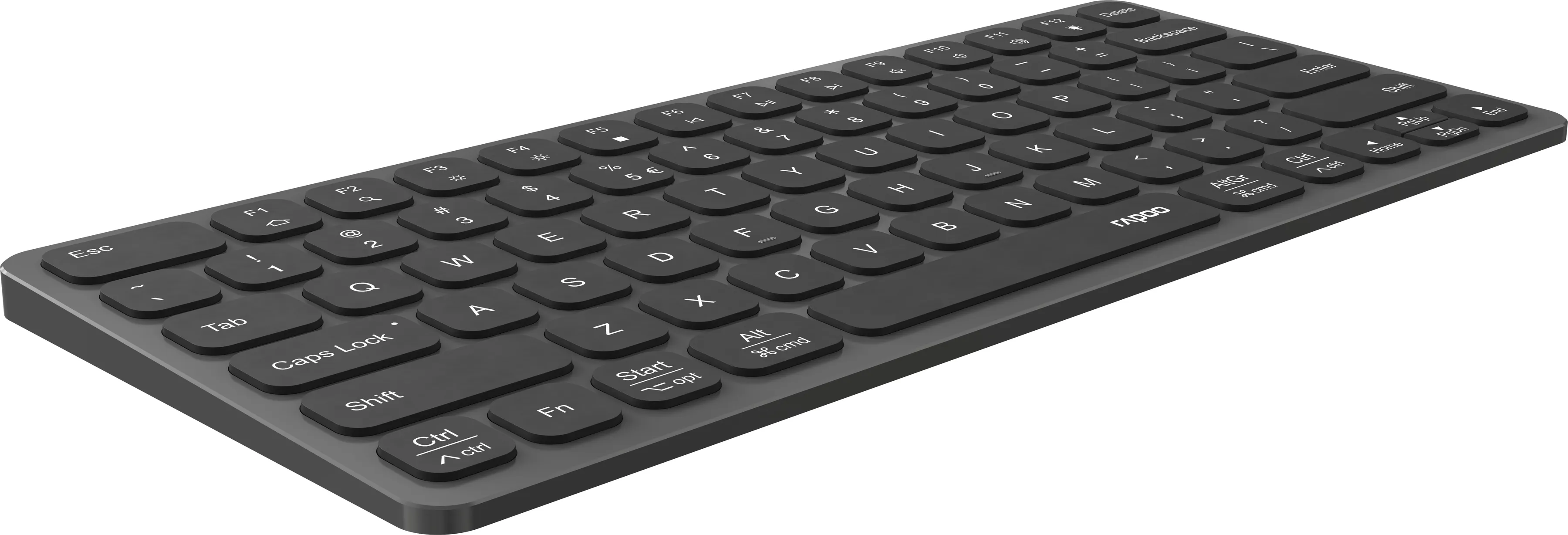 Eine schwarze Tastatur mit weißen Buchstaben und einem grauen Rahmen mit beschrifteten Tasten.