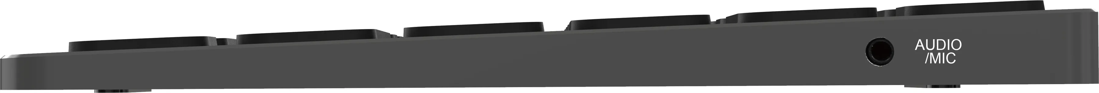 Seitenansicht einer dunkelgrauen Tastatur mit schwarzen Tasten. Sie hat einen Audio-Mikrofon-Anschluss.