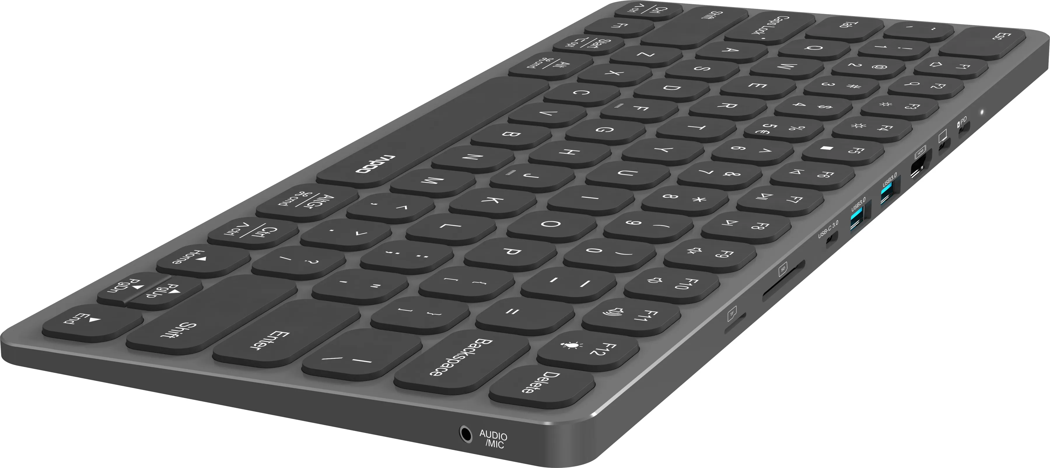 Dunkelgraue kabellose Tastatur mit schwarzen Tasten. Hat USB-Anschlüsse und Audioanschluss. Niedriger Winkel.