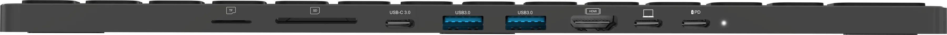 Schwarze Geräteanschlüsse: SD-Kartensteckplatz, USB, HDMI und mehr. Weißer Hintergrund.