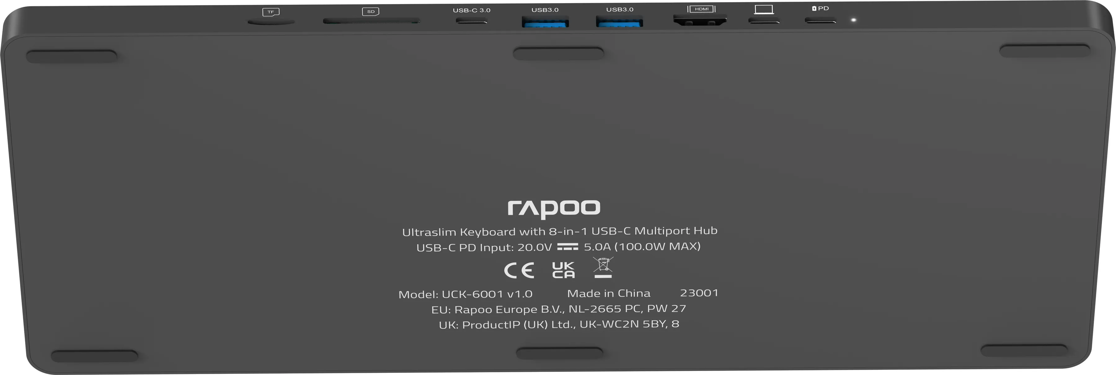 Unterseite einer dunkelgrauen Rapoo-Tastatur mit USB-C-Anschlüssen und Beschriftungen.