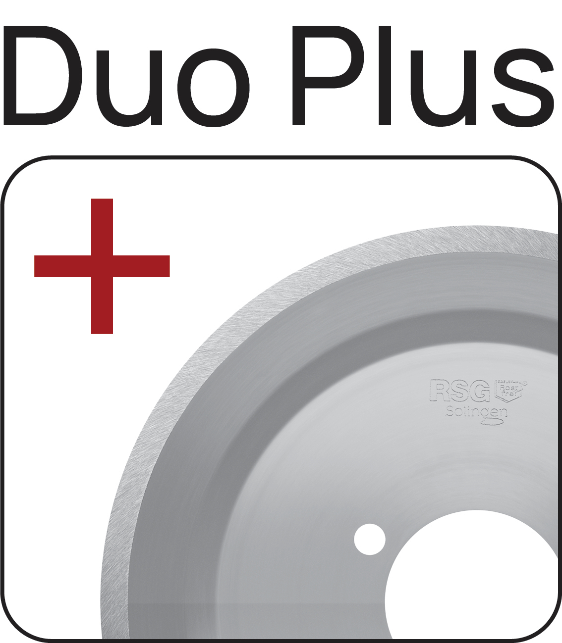 Nahaufnahme einer kreisförmigen Klinge und einem Pluszeichen, der Text lautet Duo Plus.