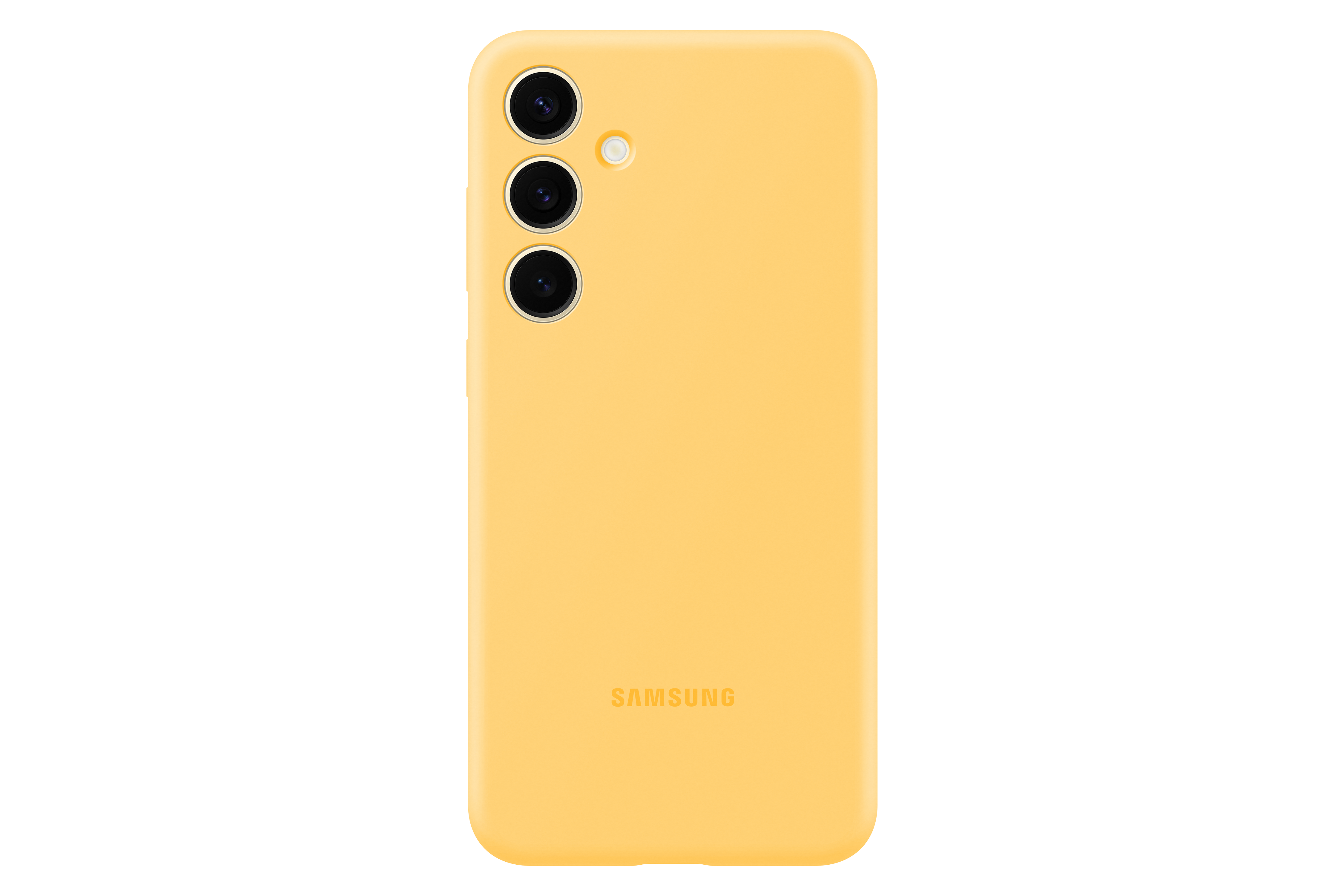 Eine gelbe Handyhülle mit drei Kameralinsen und dem Wort Samsung unten.