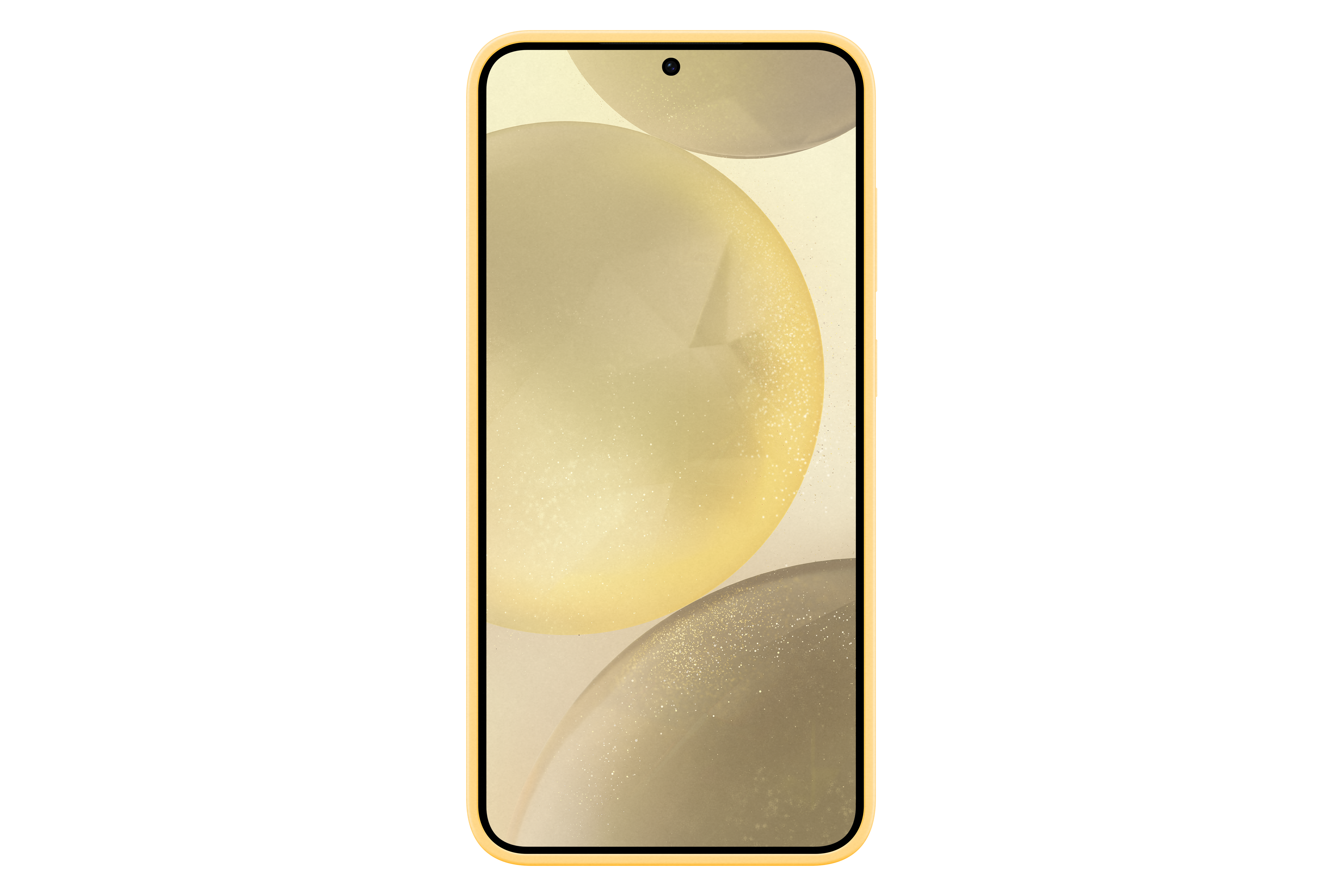 Ein Telefon mit gelbem Rahmen und hellgelbem Hintergrund mit unscharfen Formen.