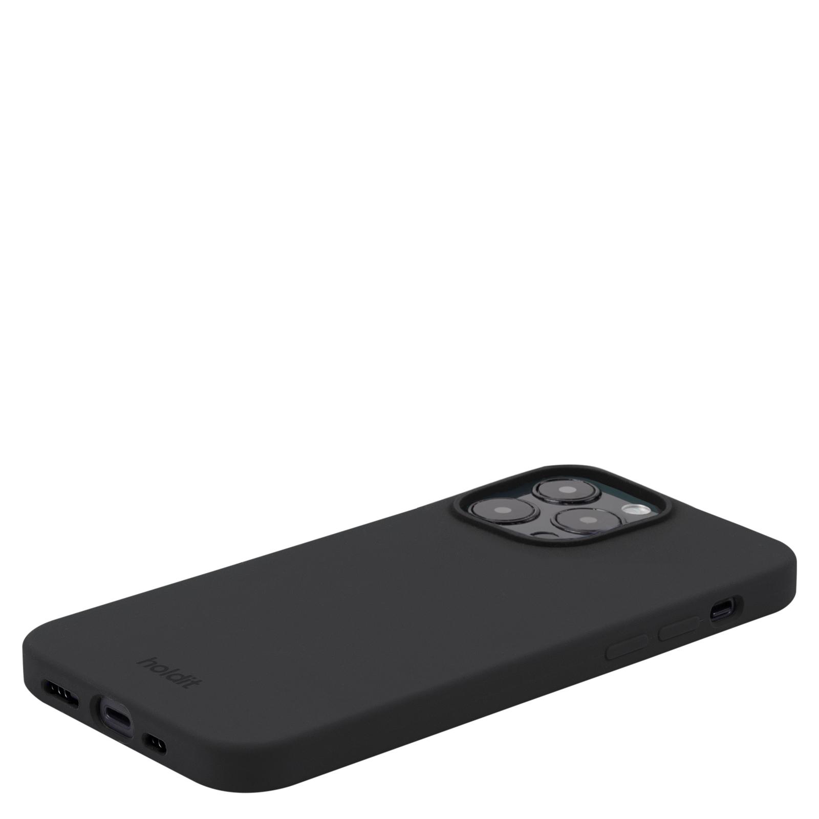 Schwarzes iPhone mit schwarzer Hülle, das die Kamera zeigt. Das Telefon ist leicht angewinkelt.