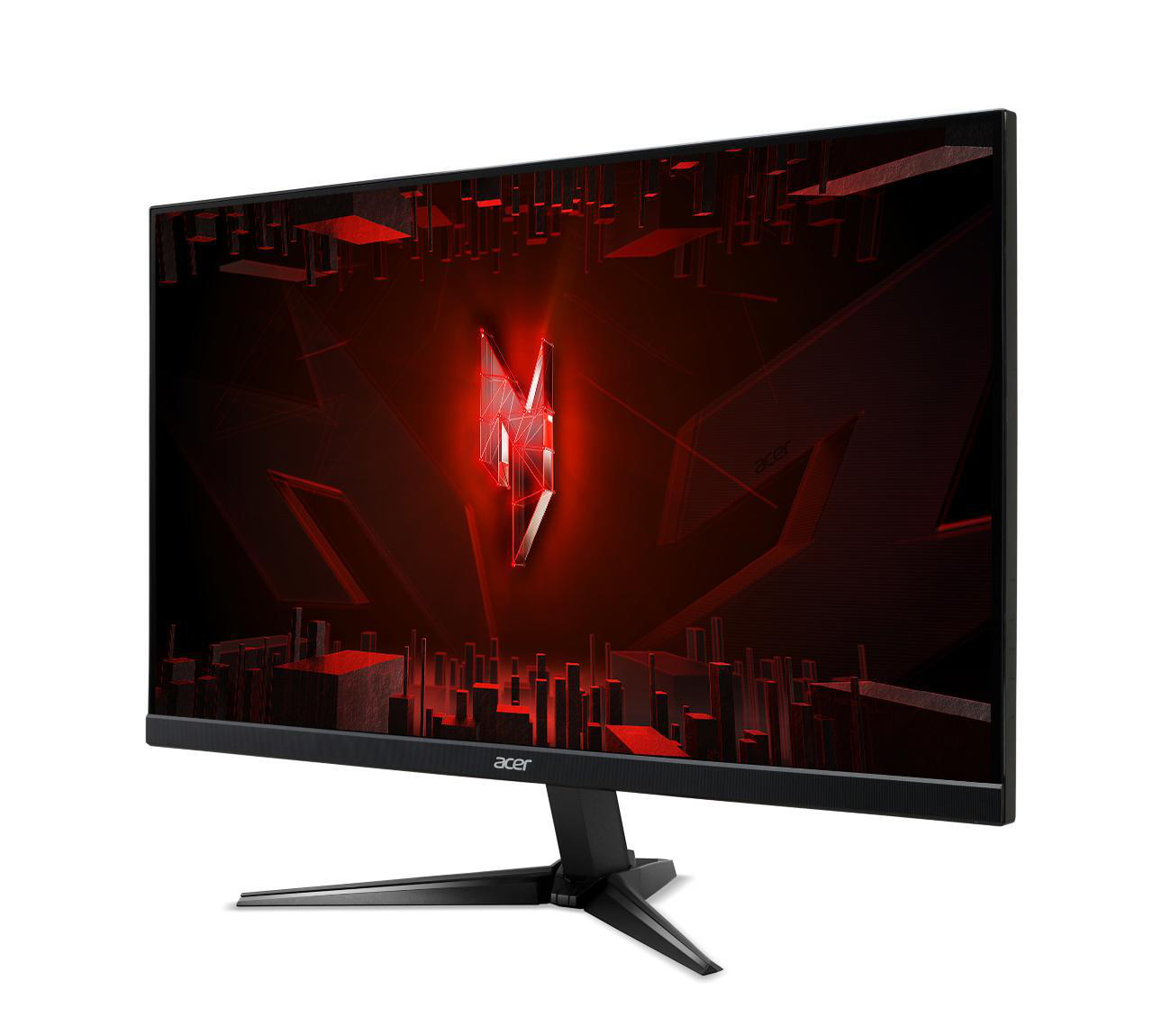 Schwarzer Acer-Gaming-Monitor mit rotem Logo auf dem Bildschirm. Schwarzer Ständer. Winkelansicht auf weißem Hintergrund.