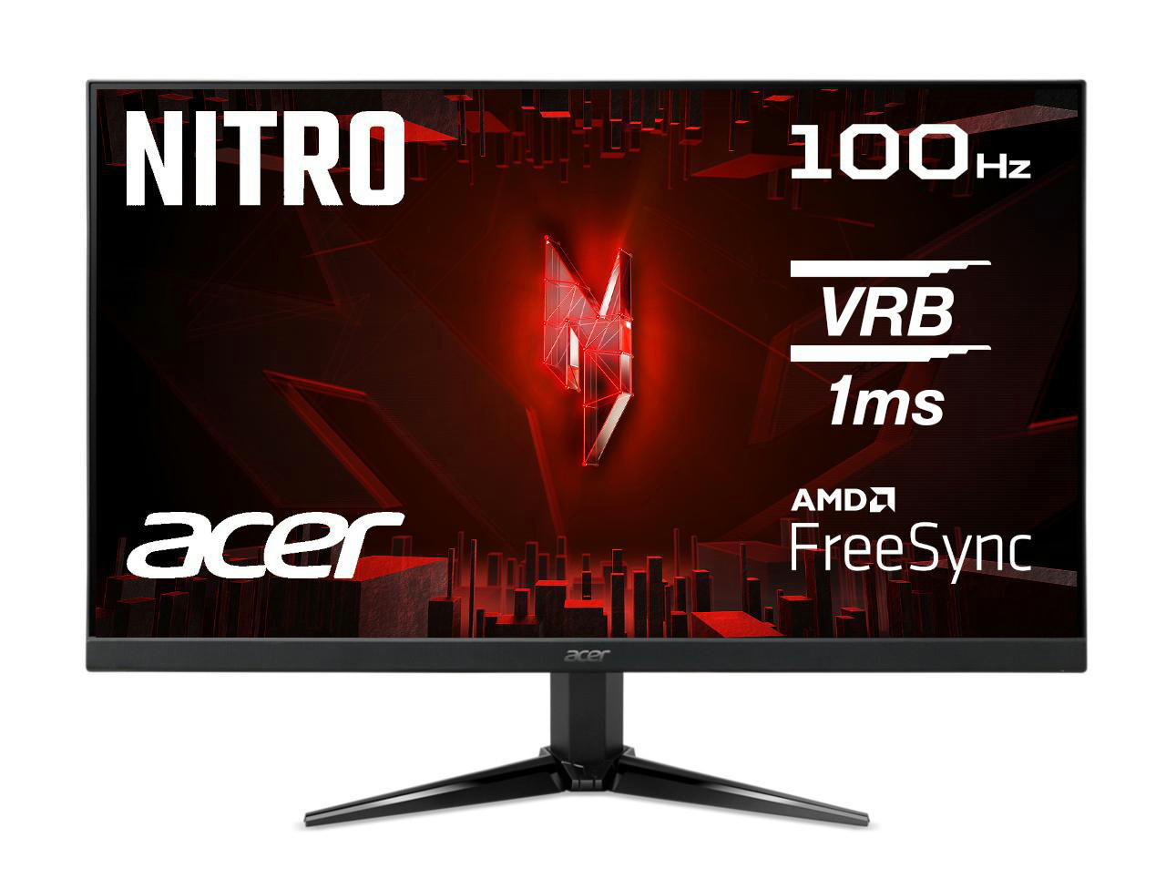Acer Nitro Gaming-Monitor mit Text-Overlays. Schwarzer Rahmen, rote Akzente. Text: NITRO, 100Hz, VRB 1ms, FreeSync.