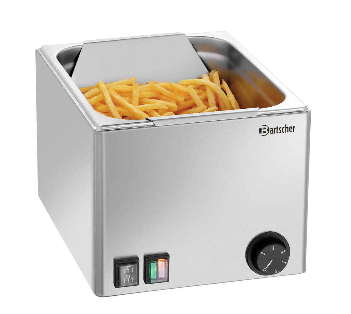 Edelstahl-Fritteuse mit goldenen Pommes. Hat Bedienelemente auf der Vorderseite.
