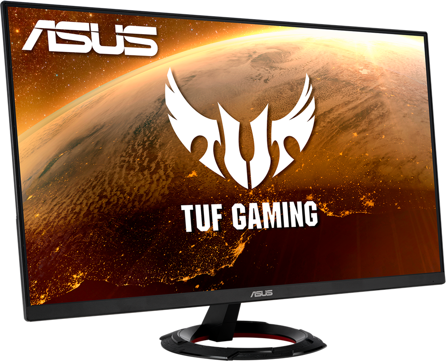 Az ASUS TUF Gaming monitor stilizált bolygóképet jelenít meg. A monitor fekete kerettel és állvánnyal rendelkezik, látható az ASUS logó.