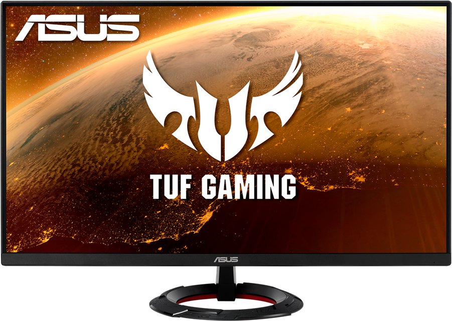 ASUS TUF Gaming monitor. A képernyőn egy világtérkép látható a TUF Gaming logóval középen. Az állvány alján piros gyűrű van.