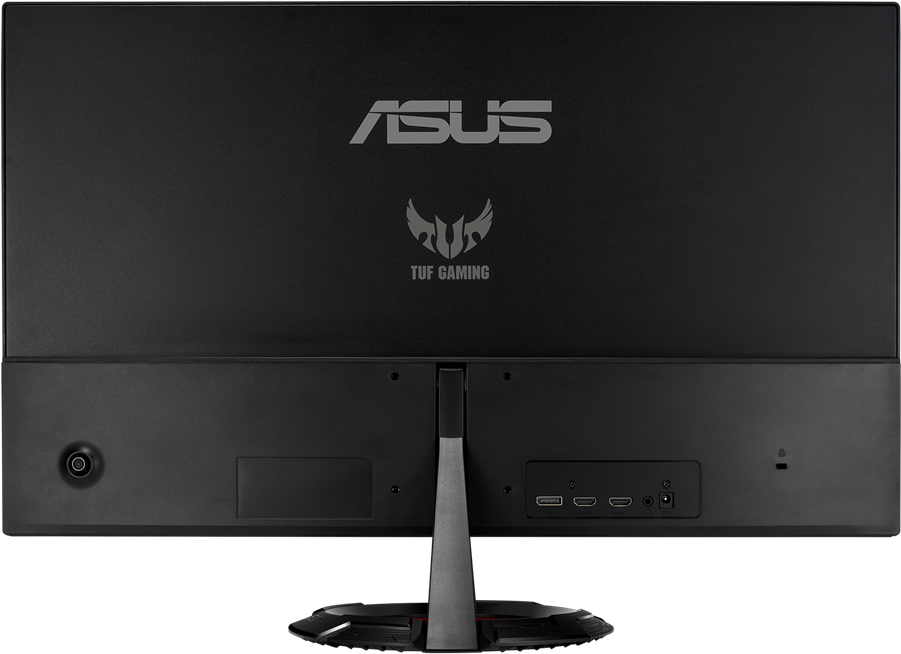 Fekete ASUS TUF Gaming monitor hátulja. ASUS és TUF Gaming logók láthatók. Portok és állvány is jelen van.