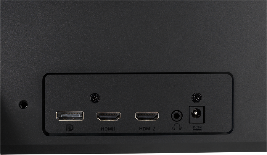 Egy fekete monitor hátuljának közeli képe. Látható portok: DisplayPort, két HDMI, audio csatlakozó és DC-bemenet. Csavarok láthatók.