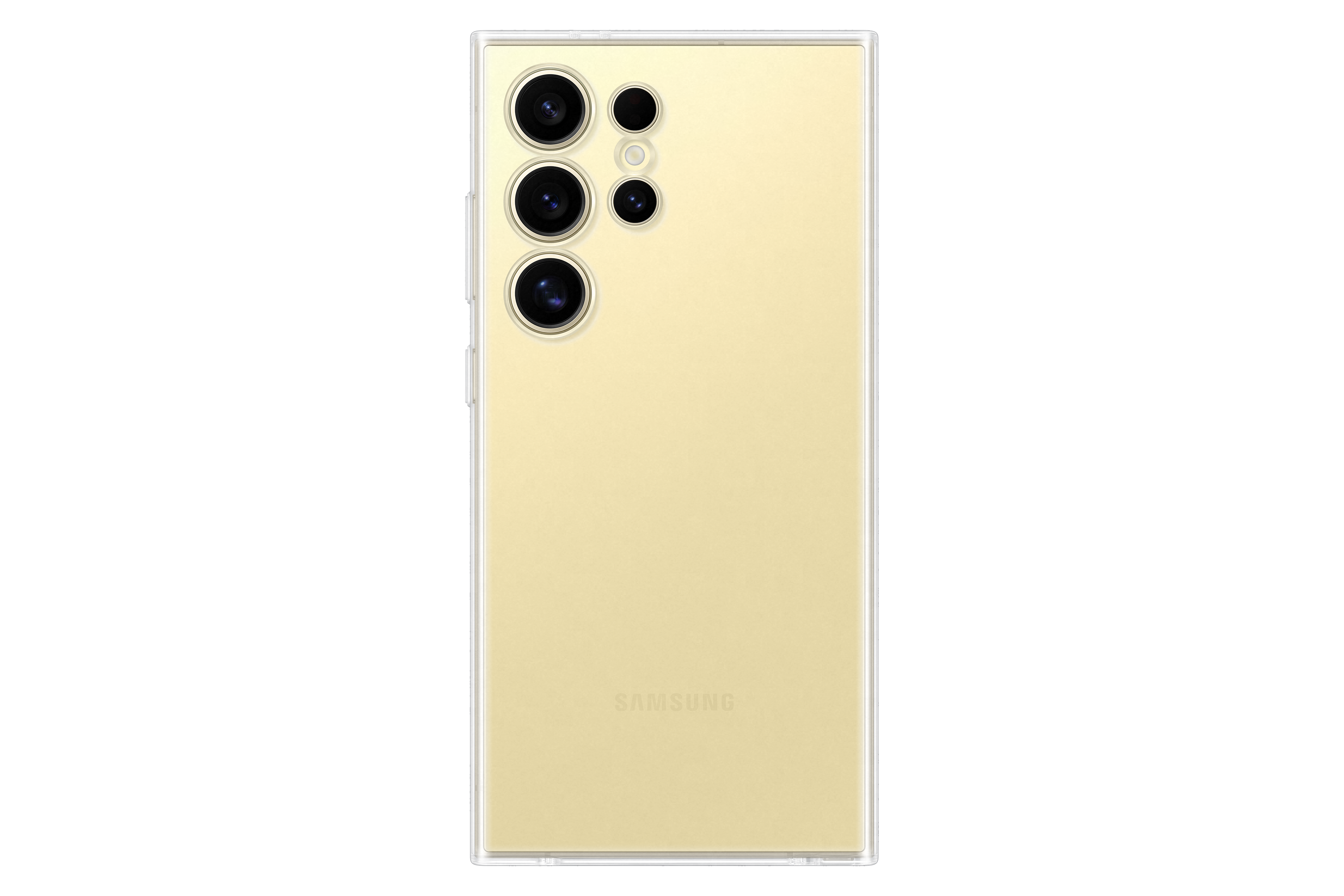 Rückansicht eines goldenen Telefons mit vier Kameras und dem Wort Samsung.