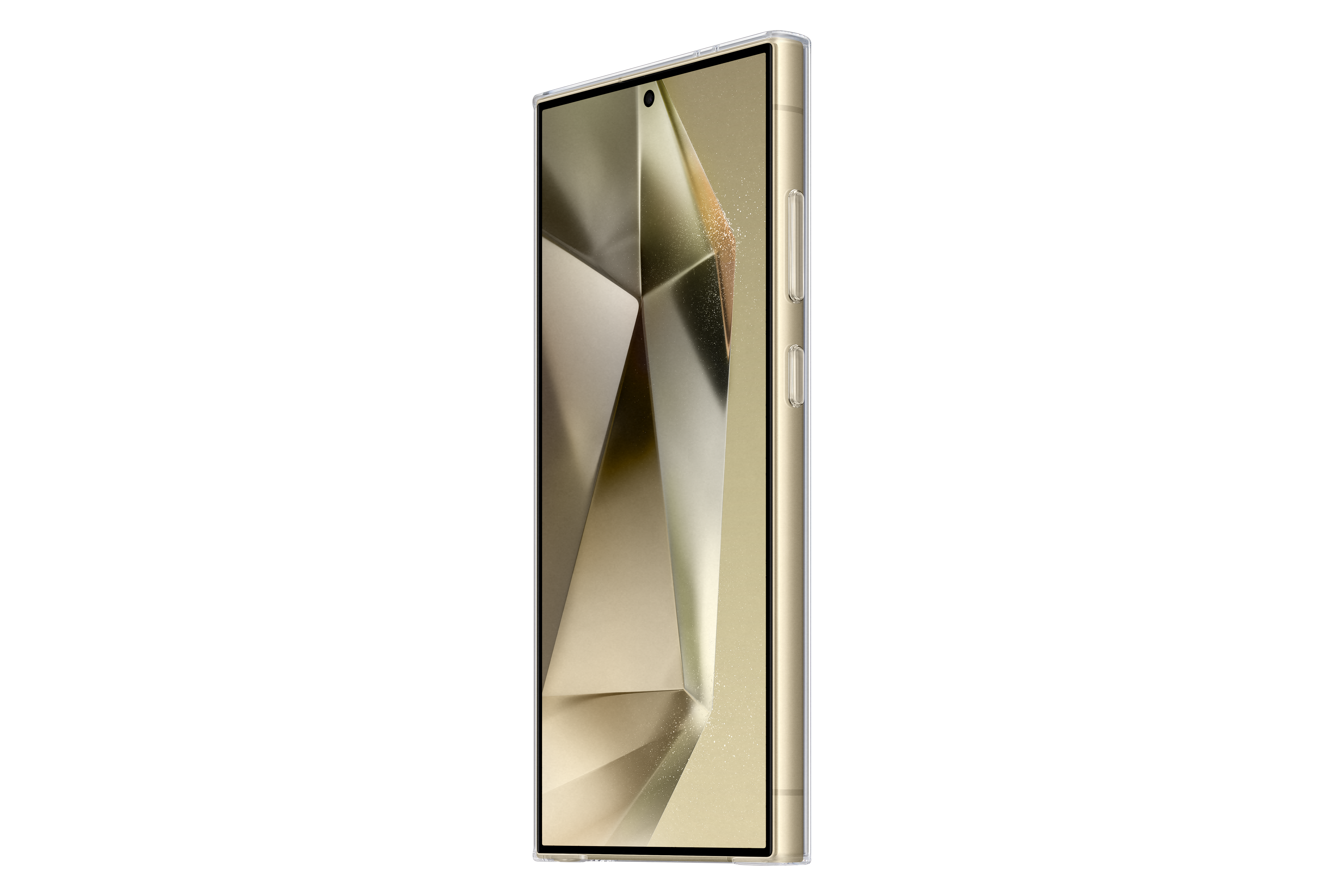 Ein Telefon mit goldenem Rahmen und einem Bildschirm mit abstrakten goldenen und gelben Formen. Seitenansicht.