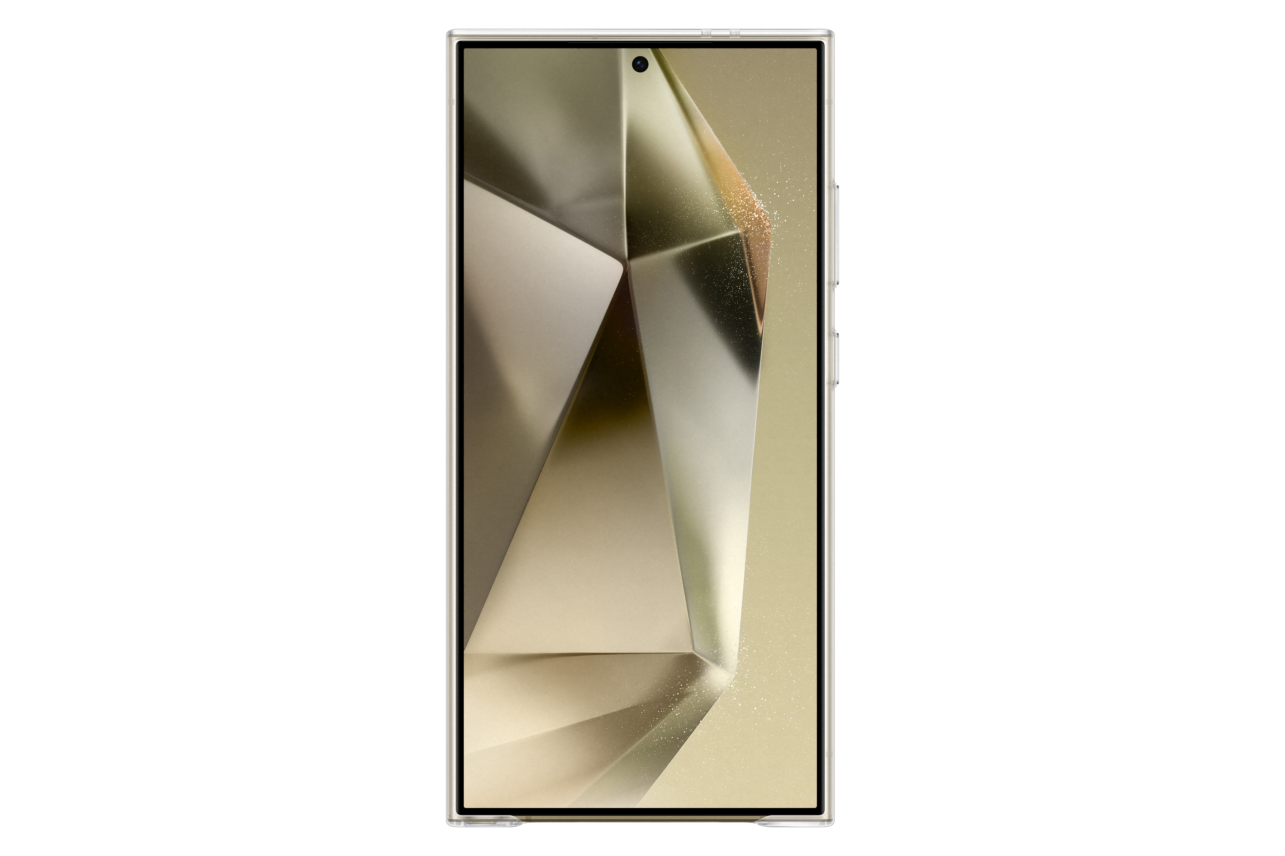 Ein Telefon mit einzigartigem Design, zur Kamera geneigt. Der Hintergrund ist verschwommen und golden.