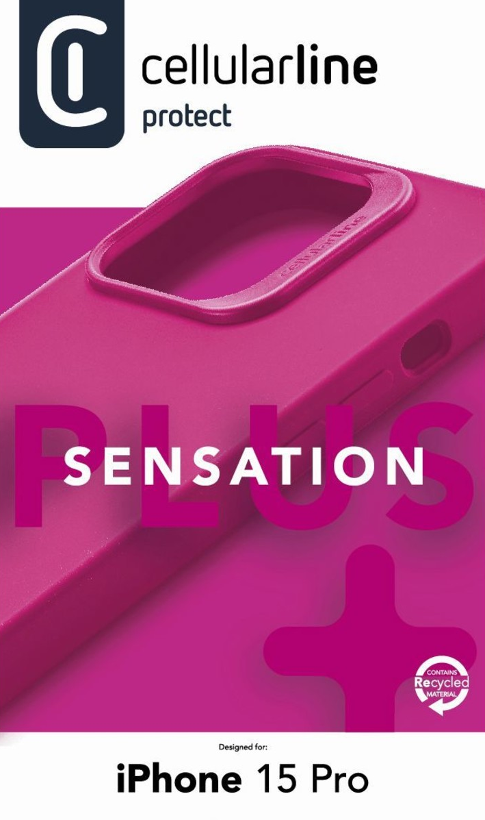 Coque rose pour iPhone 15 Pro. Avec un signe plus et le mot 'SENSATION'.