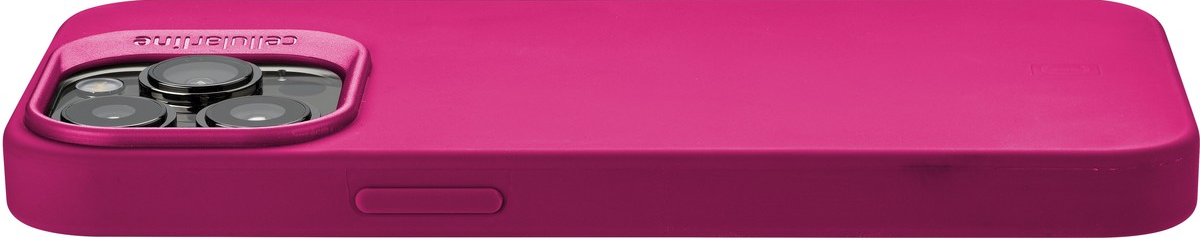 Un étui de téléphone rose avec une découpe pour l'appareil photo et un bouton.