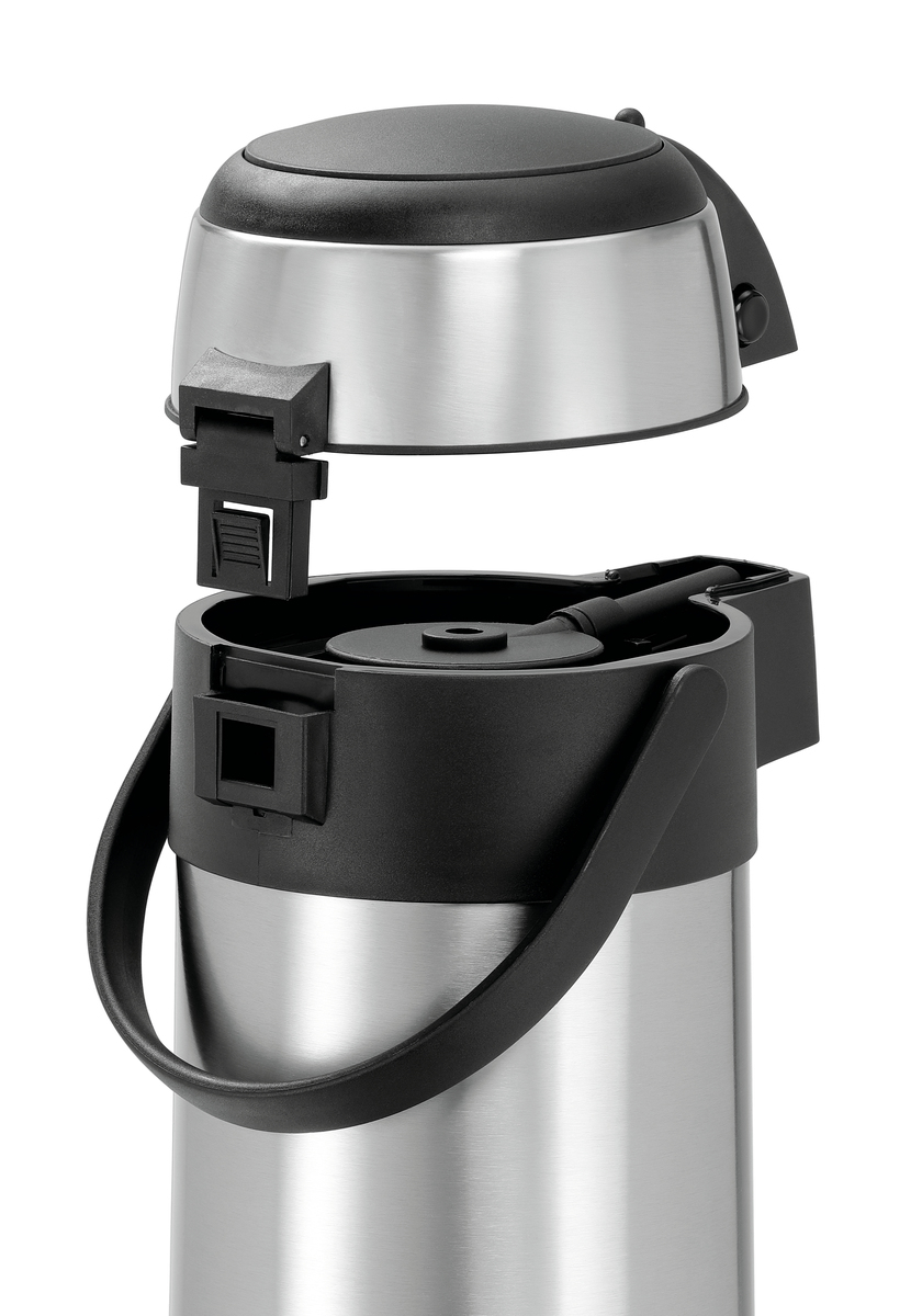 Edelstahl-Kaffeekaraffe mit schwarzem Deckel und Griff. Der Deckel ist geöffnet und zeigt den Mechanismus.
