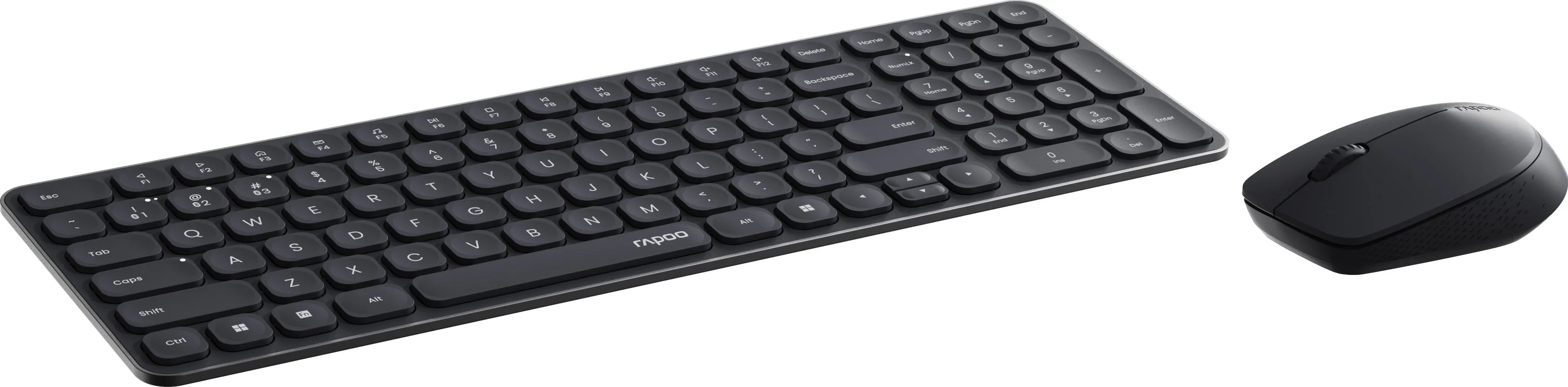 Ein schwarzes Tastatur- und Maus-Set auf weißem Hintergrund. Die Tastatur hat einen Ziffernblock.